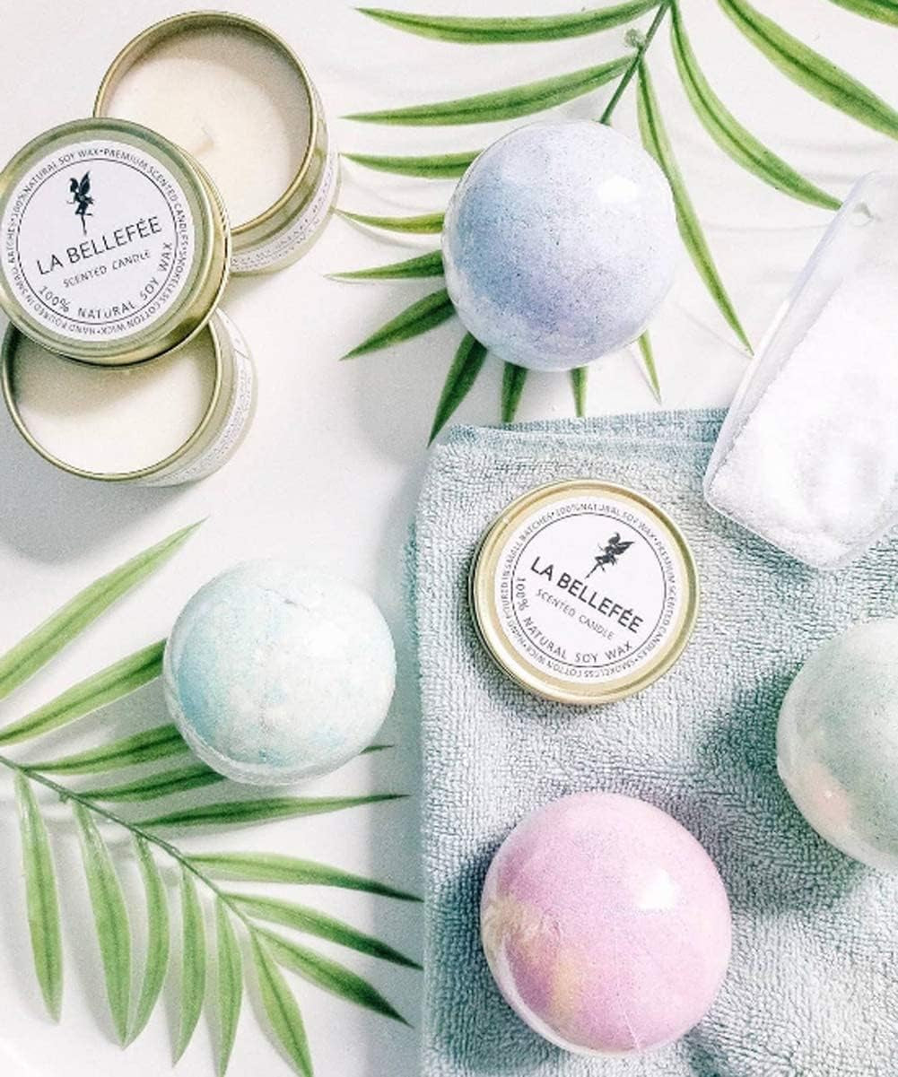 Bath Bombs Scented Candles Set, Handmade Essential Oil Relaxing Bathbombs, Bubble Spa. Bath Bombs for Women Gifts for Women Mothers Day Gifts. Fizzy to Moisturize Dry Skin (4 Bath Bomb+2 Candles)
