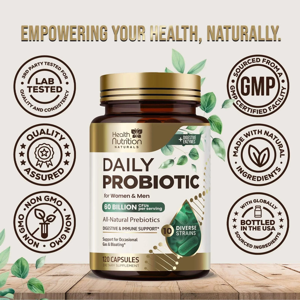 Probiotics 60 Billion CFU + 10 Strains - Daily Probiotic Lactobacillus Blend for Immune, Digestive & Gut Health Support, Prebiotics and Probiotics, Gas & Bloating for Women & Men - 120 Capsules