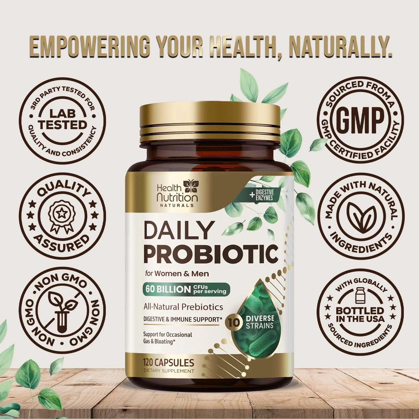 Probiotics 60 Billion CFU + 10 Strains - Daily Probiotic Lactobacillus Blend for Immune, Digestive & Gut Health Support, Prebiotics and Probiotics, Gas & Bloating for Women & Men - 120 Capsules