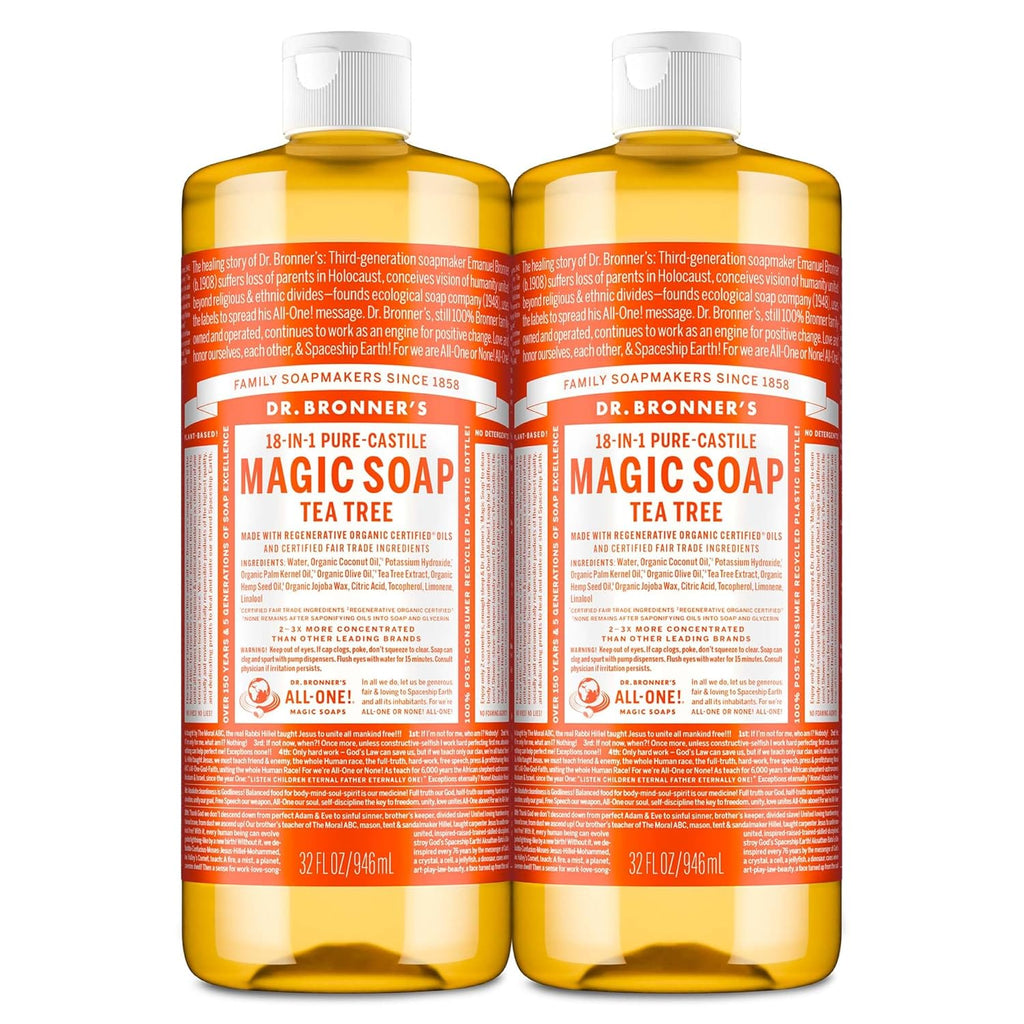 Pure-Castile Magic Soap Liquid (Tea Tree, 32 Ounce, 2-Pack) - Made with Regenerative Organic Certified Oils, 18-In-1 Uses: Body, Hair, Laundry & Dishes, Concentrated, Vegan, Non-Gmo