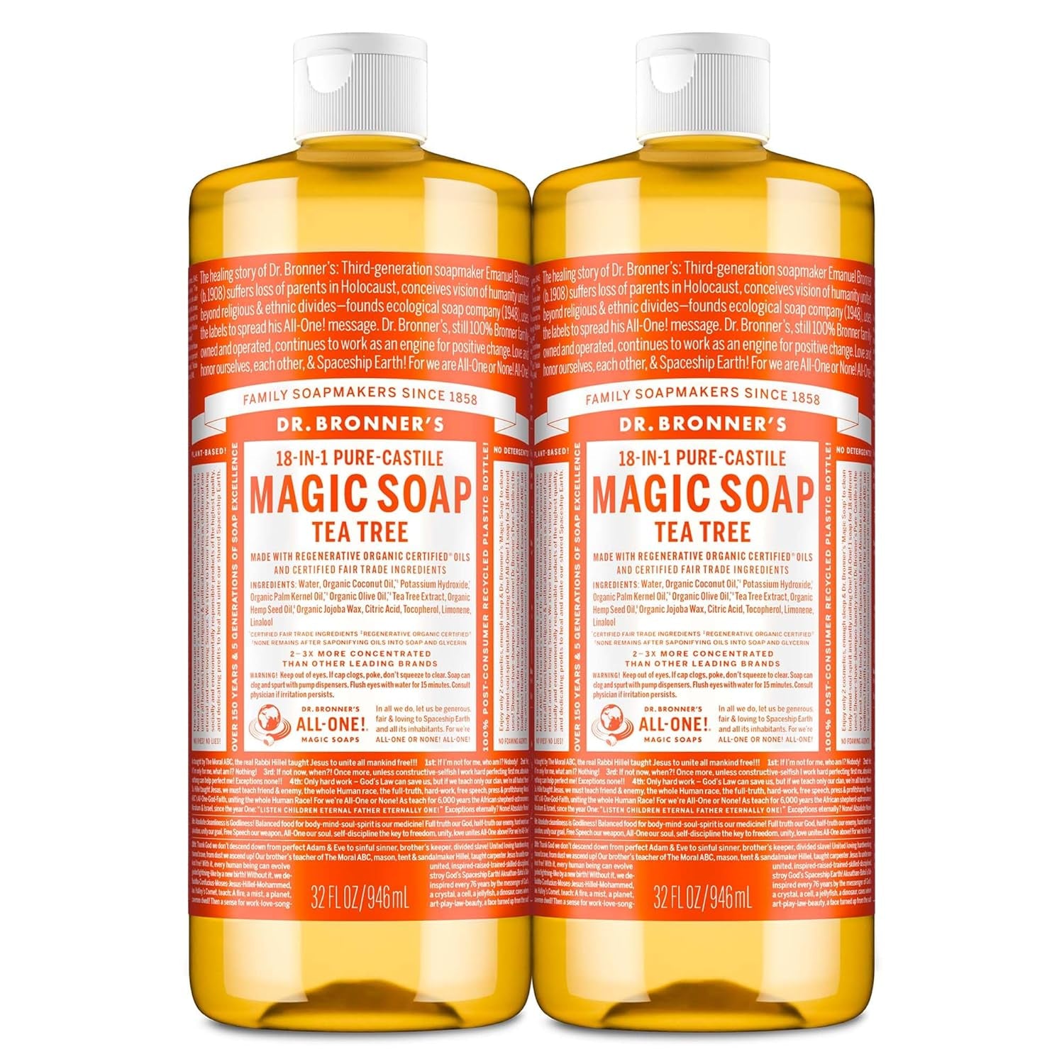 Pure-Castile Magic Soap Liquid (Tea Tree, 32 Ounce, 2-Pack) - Made with Regenerative Organic Certified Oils, 18-In-1 Uses: Body, Hair, Laundry & Dishes, Concentrated, Vegan, Non-Gmo