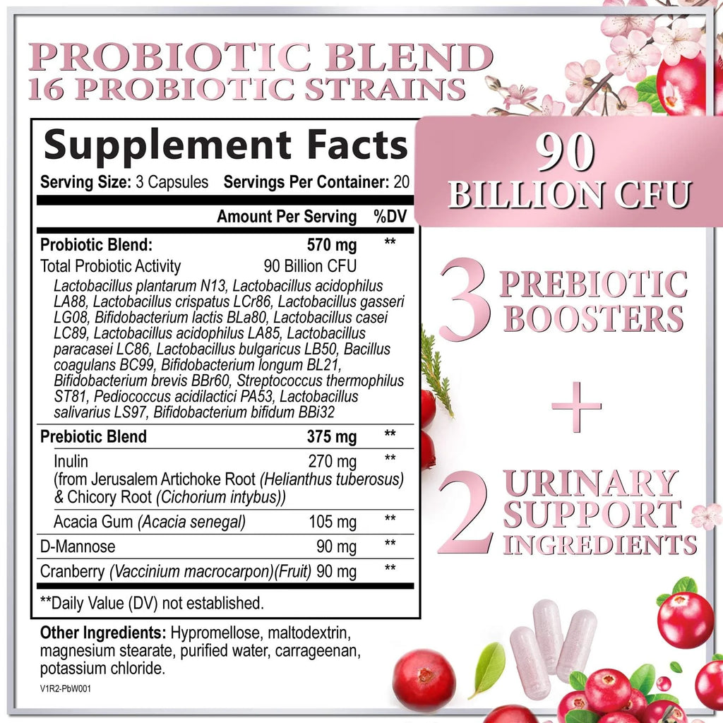 Probiotics for Women Digestive Health Support - 90 Billion CFU Women'S Probiotic, 16 Strains, Cranberry, Vaginal Probiotic with Prebiotics, PH, Immune, Urinary, & Feminine Health Support, 60 Capsules