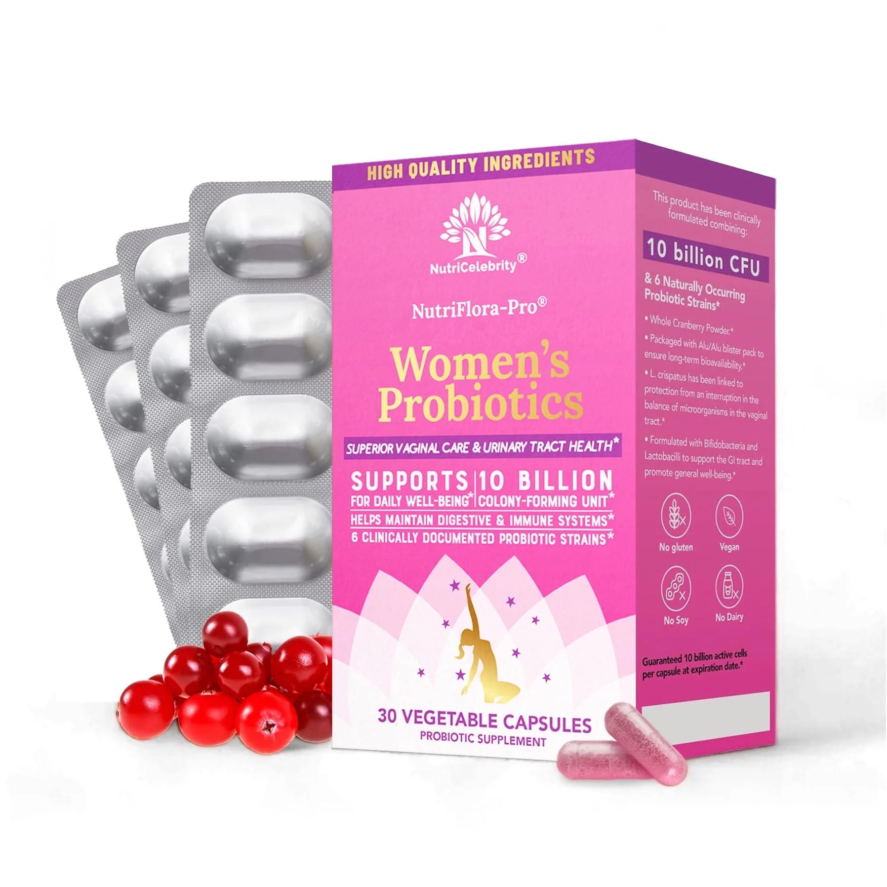 Nutriflora-Pro Probiotics for Women - Support Vaginal, Urinary Health (UTI), Digestive System, Period Pain, Yeast, and BV Relief, Cranberry Pills, 10 Billion CFU 6 Strains (30 Caps)