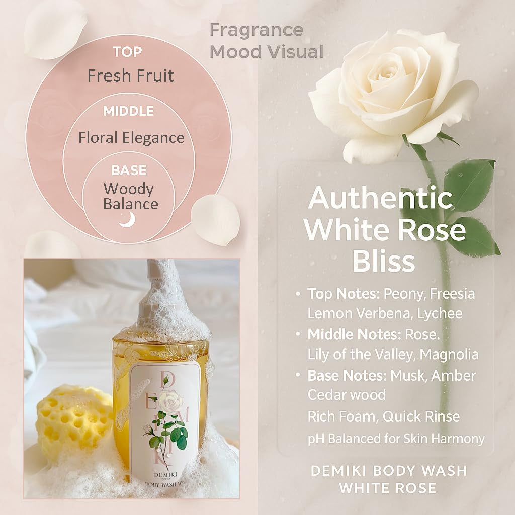 Body Wash Women Moisturizing Sensitive Skin, White Rose Scent Shower Gel Body Wash for Women, Winter Hydration Care, Sulfate-Free, Paraben-Free, Dye-Free, 10 Fl Oz