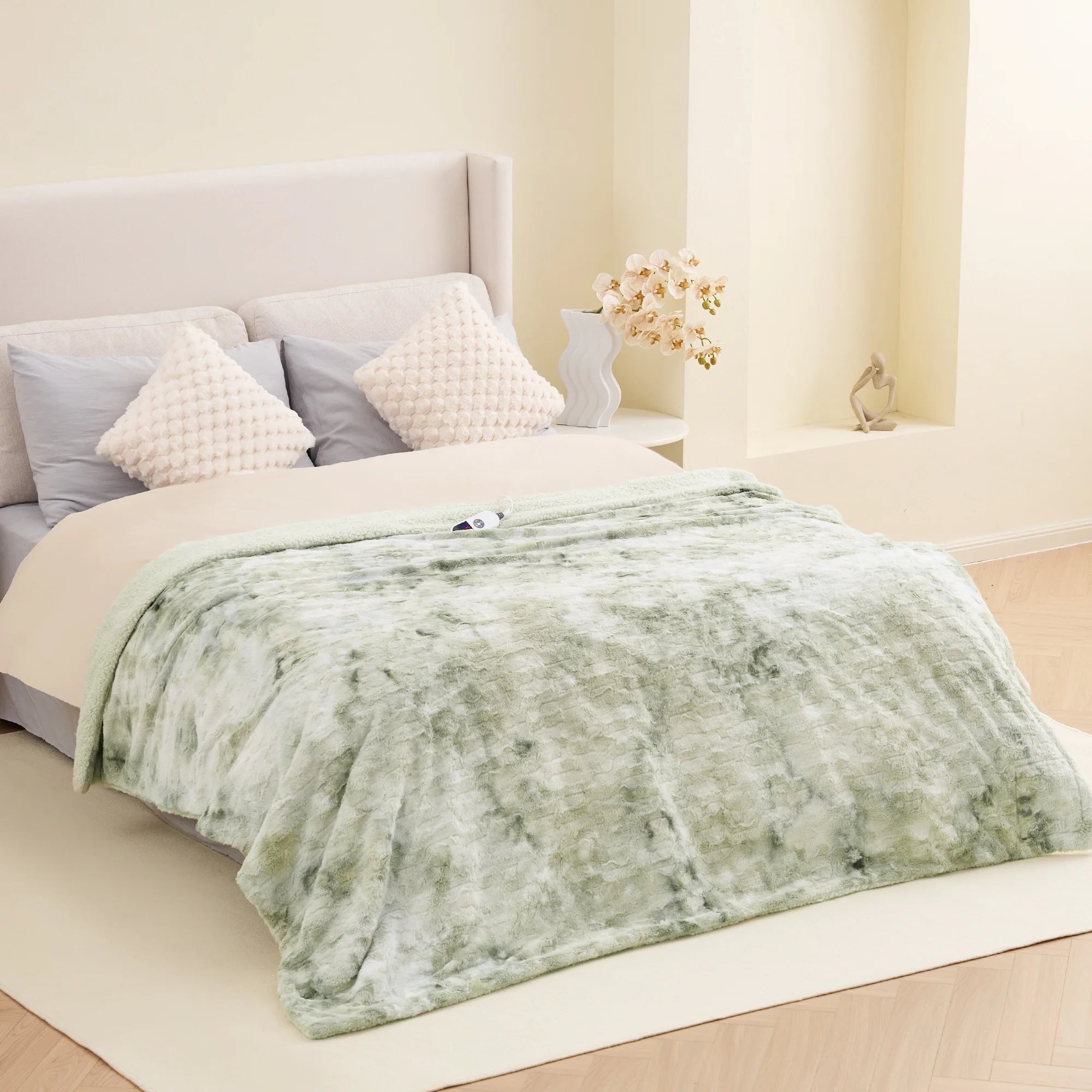 Heated Blanket 72"X84" Faux Fur & Sherpa Electric Blanket with 6 Heat Levels, 10H Timer, LED Display, Machine Washable, Tie-Dye Green