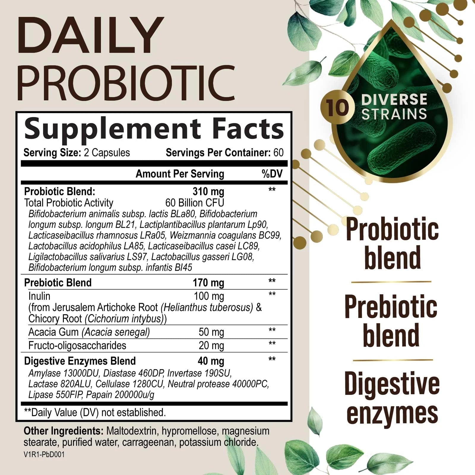 Probiotics 60 Billion CFU + 10 Strains - Daily Probiotic Lactobacillus Blend for Immune, Digestive & Gut Health Support, Prebiotics and Probiotics, Gas & Bloating for Women & Men - 120 Capsules