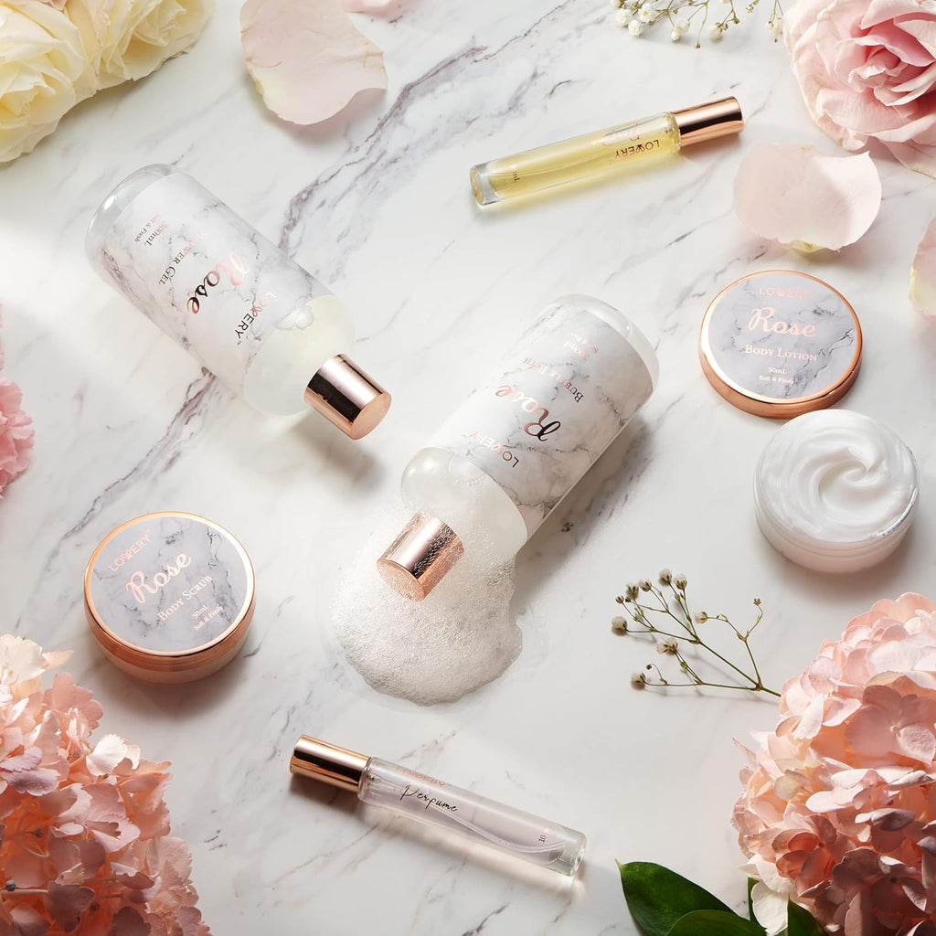 Birthday Gifts for Mom, Daughter Self Care Gifts for Women, Luxe 16Pc Rose Bath and Body Home Spa Set, Relaxation Bath Gift Basket for Birthday Pampering with Perfumes, Acne Kit, Lotions & More