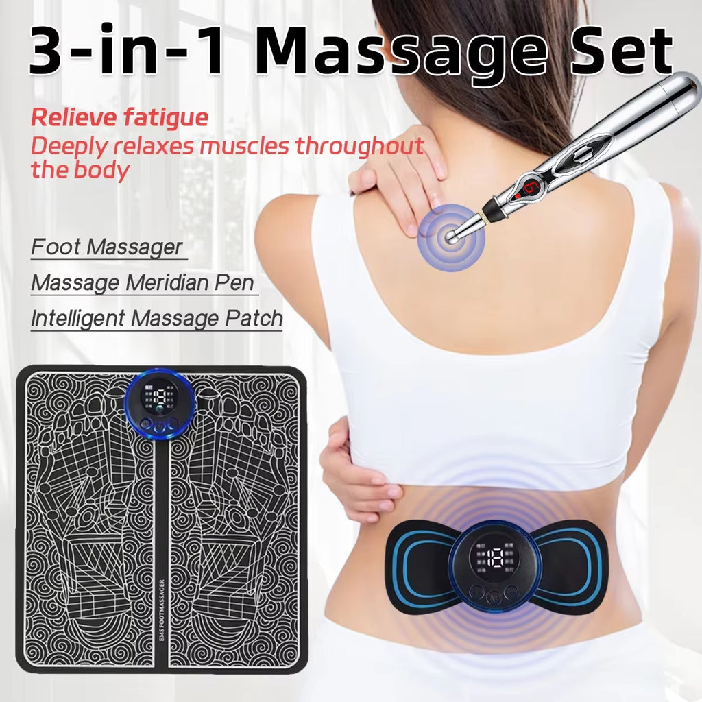 3 in 1 Home Massage Kit EMS Foot Massager Multi Function Electronic Acupressure Pen to Relieve Shoulder Neck and Back Discomfort