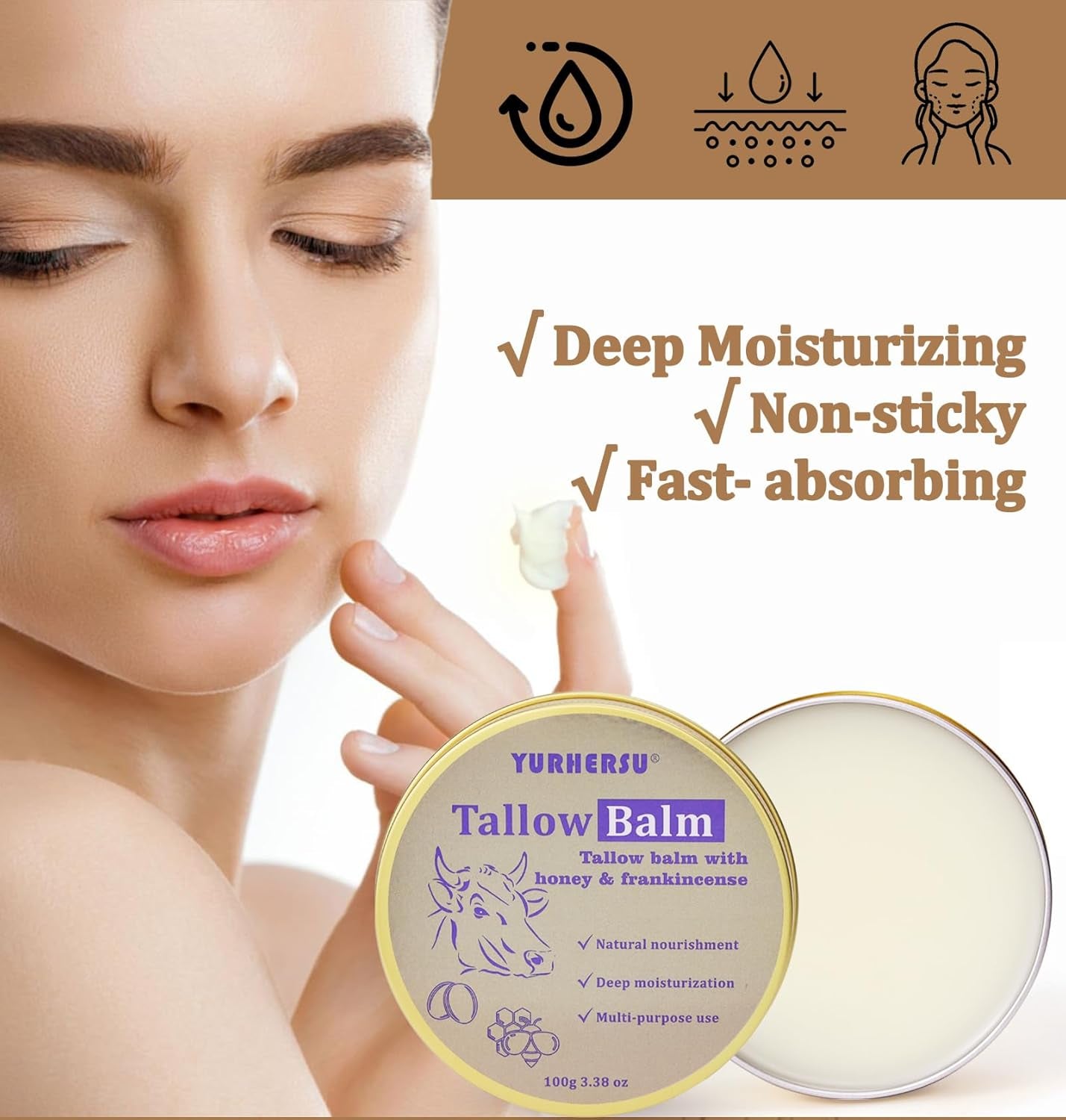Tallow Balm, Tallow Honey Body Cream, Face Moisturizing Cream, All Purpose Use Balm Anti-Drying Anti-Cracking for Spring, Summer, Autumn and Winter Skin Care (Tallow Balm, 100 G)