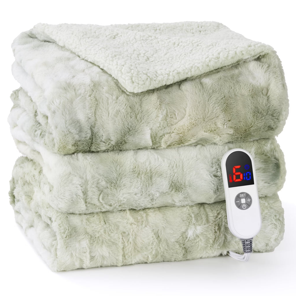 Heated Blanket 72"X84" Faux Fur & Sherpa Electric Blanket with 6 Heat Levels, 10H Timer, LED Display, Machine Washable, Tie-Dye Green