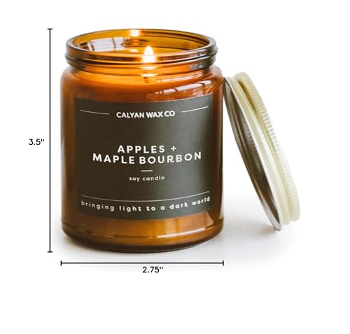 Calyan Wax Co. Apples & Maple Bourbon Scented Candle - 57 Hour Burn - Luxury Non Toxic Soy Wax Candles - Long Lasting Amber Glass Jar Candle for Home - 7.2oz
