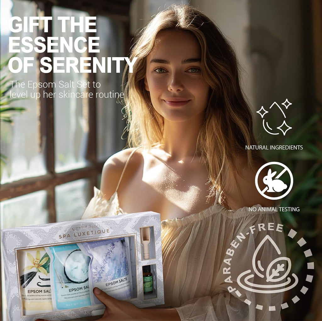 Bath Salts for Women,  Epsom Salts for Soaking, 3Pc Bath Salt Gifts Set, Lavender, Vanilla and Coconut Scent with Tea Tree Oil Gifts for Her Birthday Gifts