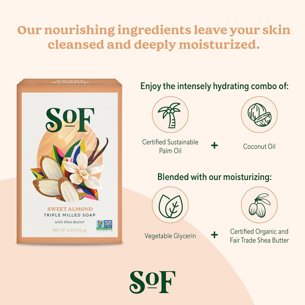 Sof Triple Milled Bar Soap - with Coconut Oil & Organic Shea Butter- Vegan & Non GMO- Free from Phthalates, Sulfates & Parabens- Sweet Almond - 6 Oz Bar 6 Bars