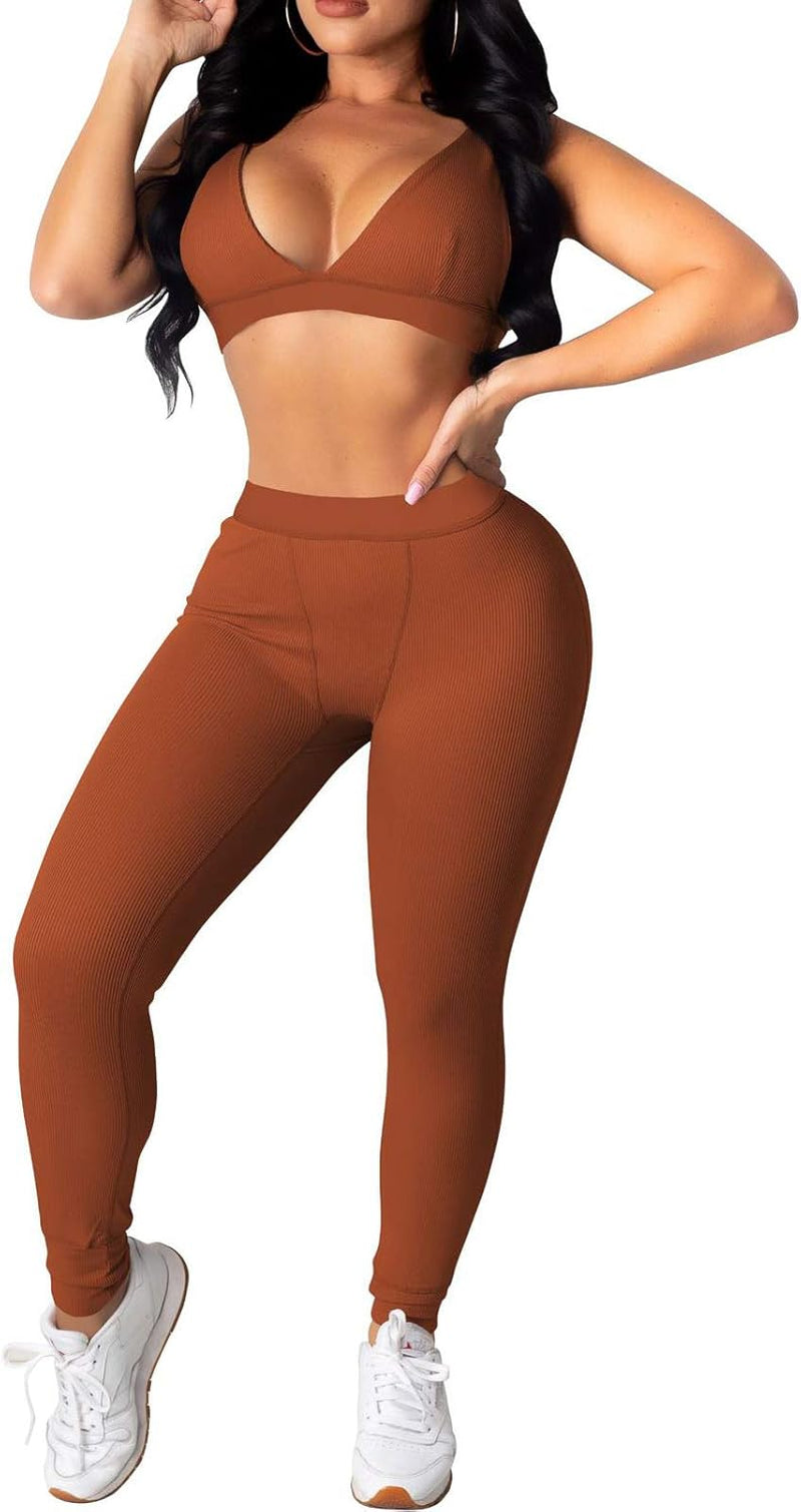 Women'S Workout Outfit 2 Pieces High Waist Bodycon Yoga Leggings and Sleeveless Crop Top Gym Clothes Set Tracksuit Ochre Small
