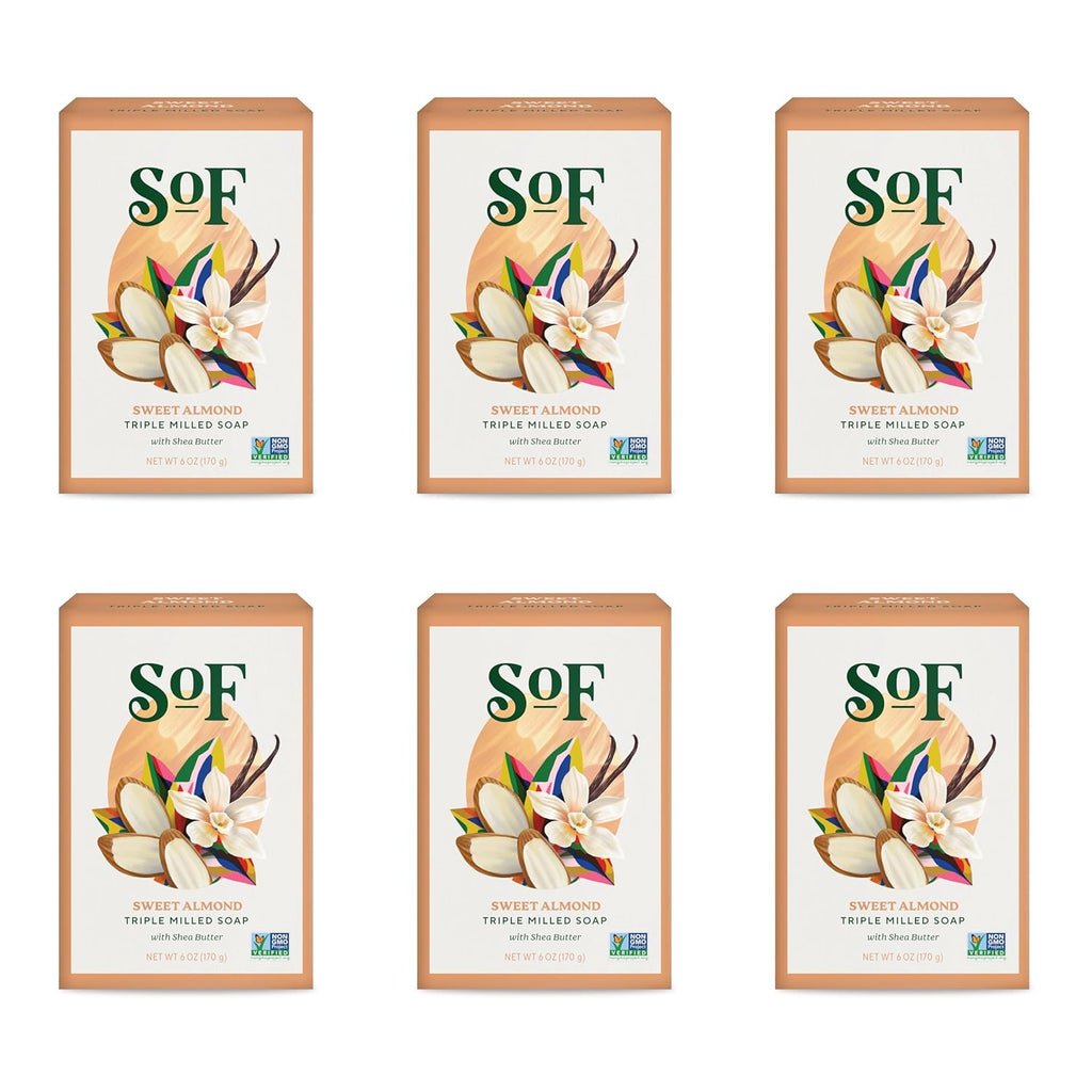 Sof Triple Milled Bar Soap - with Coconut Oil & Organic Shea Butter- Vegan & Non GMO- Free from Phthalates, Sulfates & Parabens- Sweet Almond - 6 Oz Bar 6 Bars