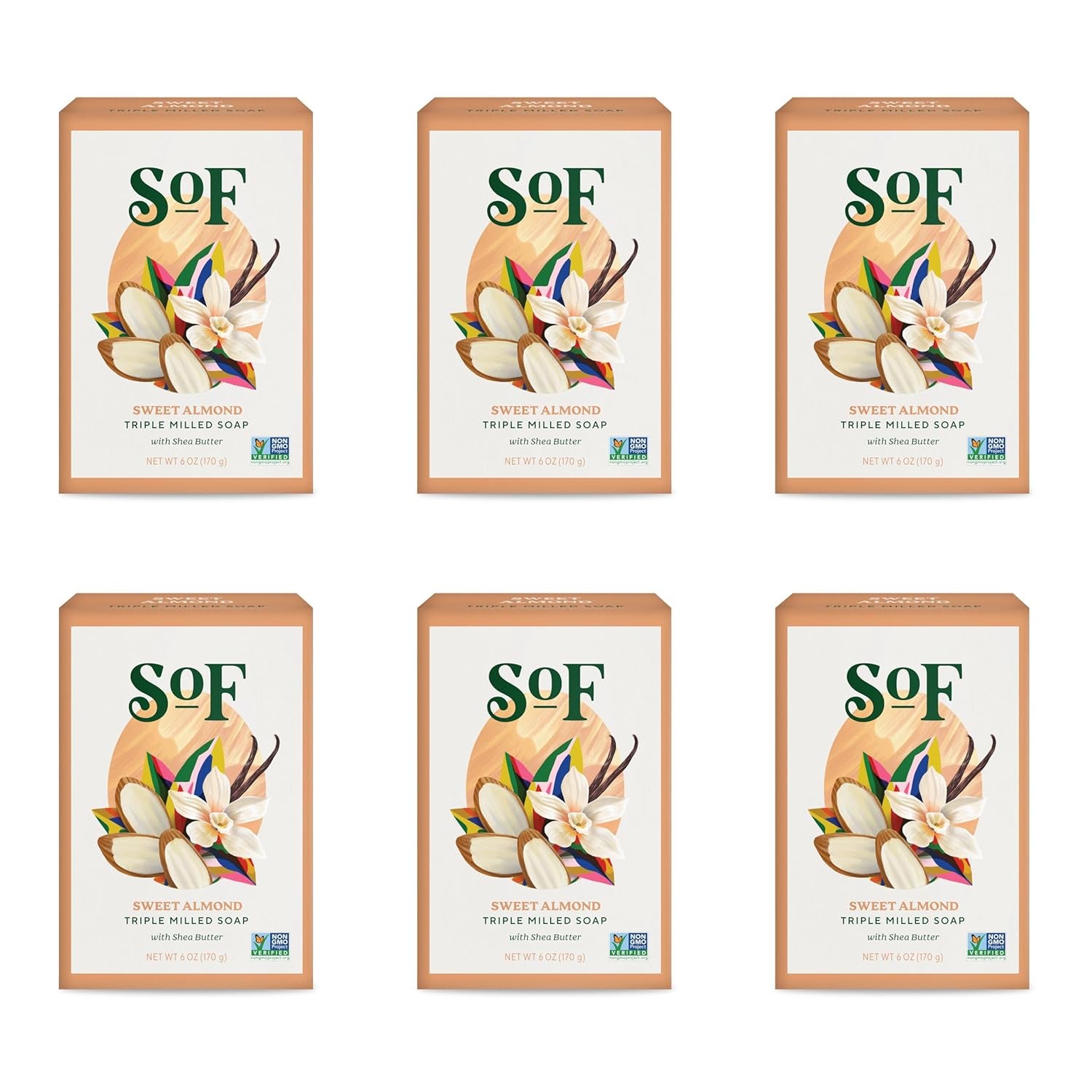 Sof Triple Milled Bar Soap - with Coconut Oil & Organic Shea Butter- Vegan & Non GMO- Free from Phthalates, Sulfates & Parabens- Sweet Almond - 6 Oz Bar 6 Bars