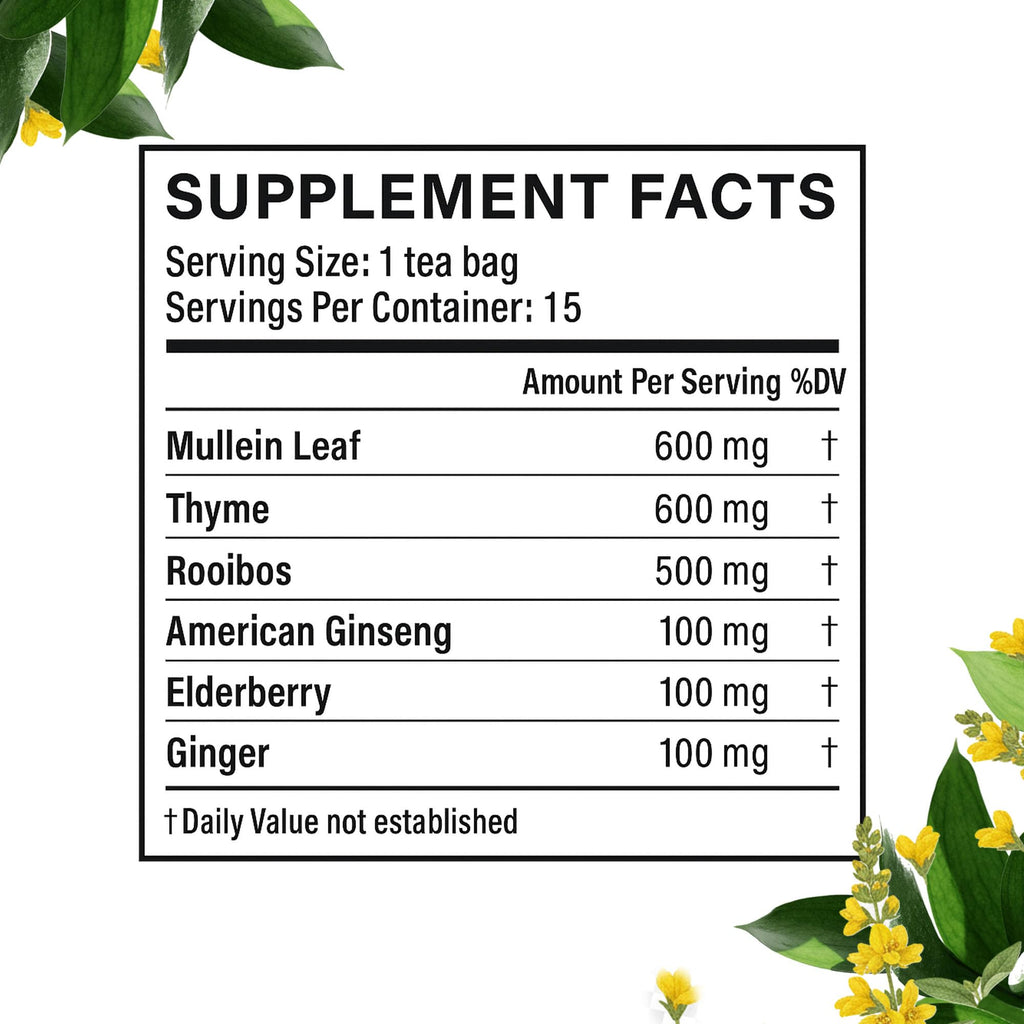 Betterbrand Mullein Tea Bags for Lung Detox - Respiratory Support with Thyme, Elderberry, Ginseng, Ginger, Caffeine Free Herbal Blend - 15 Tea Bags (Pack of 1)