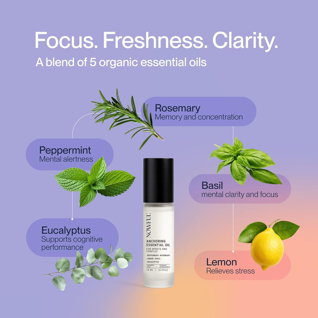 Anchoring Essential Oil Roll-On for Focus, Energy & Stress Relief - Awaken Senses with Pure Peppermint, Eucalyptus, Lemon & Rosemary Essential Oil Blend | Amplify Mood and Mental Clarity - 10ml