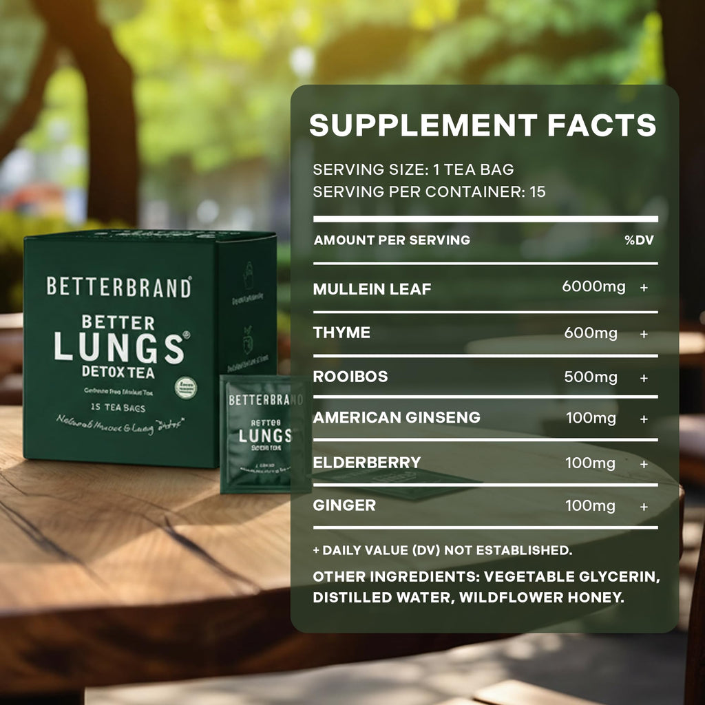 Betterbrand Mullein Tea Bags for Lung Detox - Respiratory Support with Thyme, Elderberry, Ginseng, Ginger, Caffeine Free Herbal Blend - 15 Tea Bags (Pack of 1)