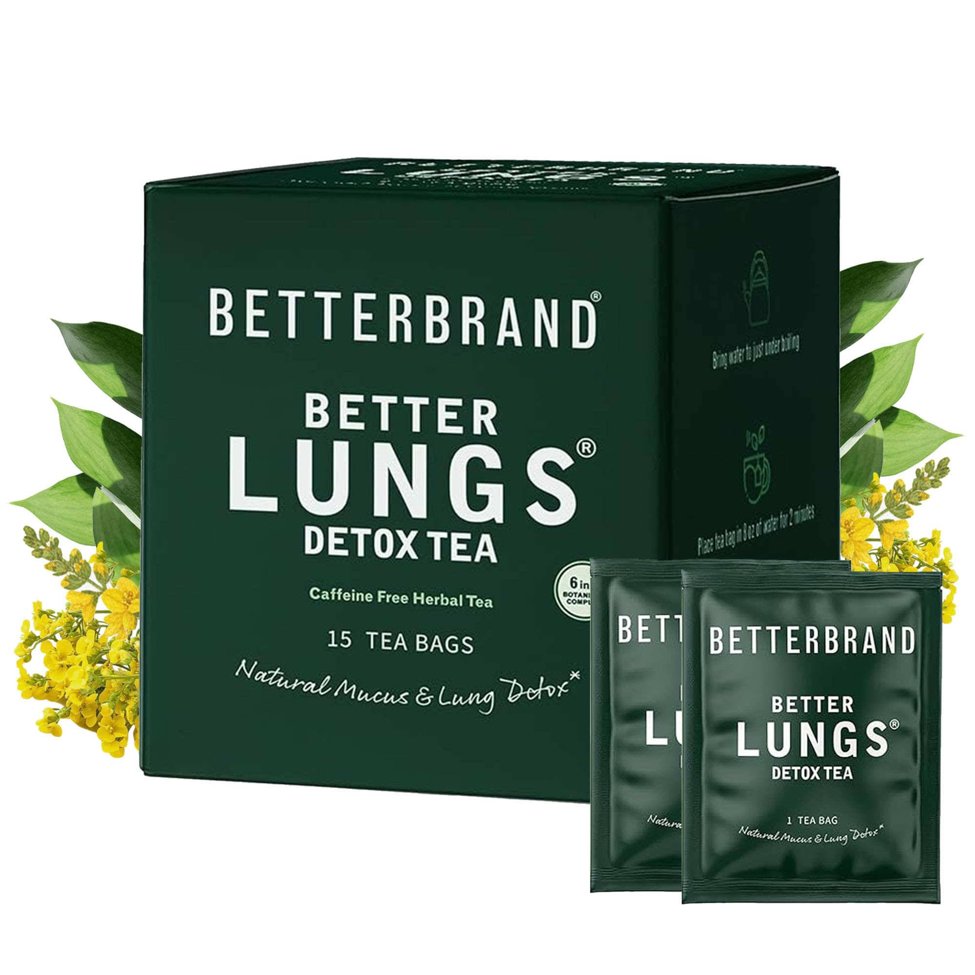 Betterbrand Mullein Tea Bags for Lung Detox - Respiratory Support with Thyme, Elderberry, Ginseng, Ginger, Caffeine Free Herbal Blend - 15 Tea Bags (Pack of 1)