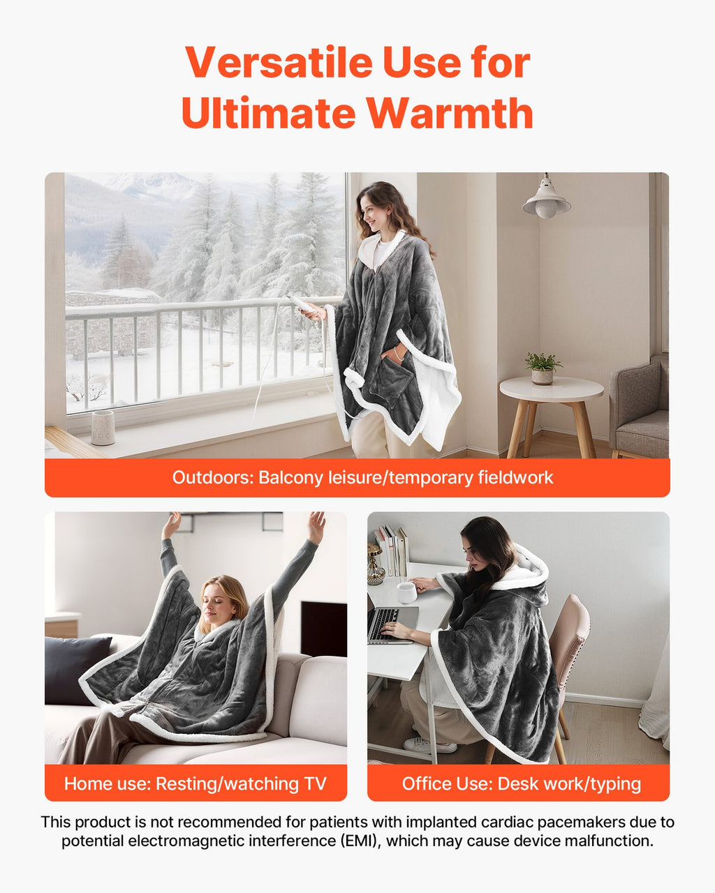 VEVOR Heated Wearable Blanket Electric Shawl Hoodie 5 Heat Levels Auto Shut Off