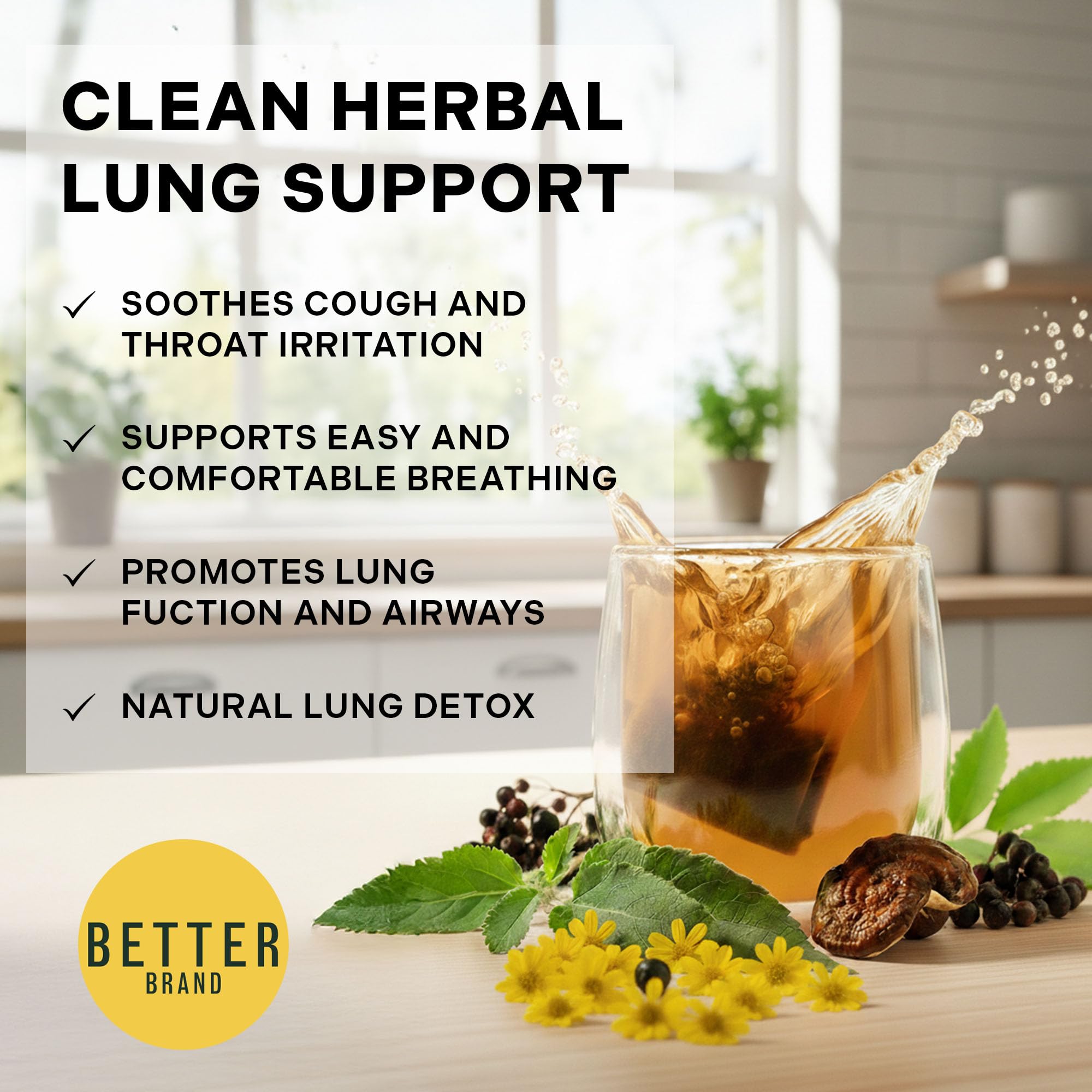 Betterbrand Mullein Tea Bags for Lung Detox - Respiratory Support with Thyme, Elderberry, Ginseng, Ginger, Caffeine Free Herbal Blend - 15 Tea Bags (Pack of 1)