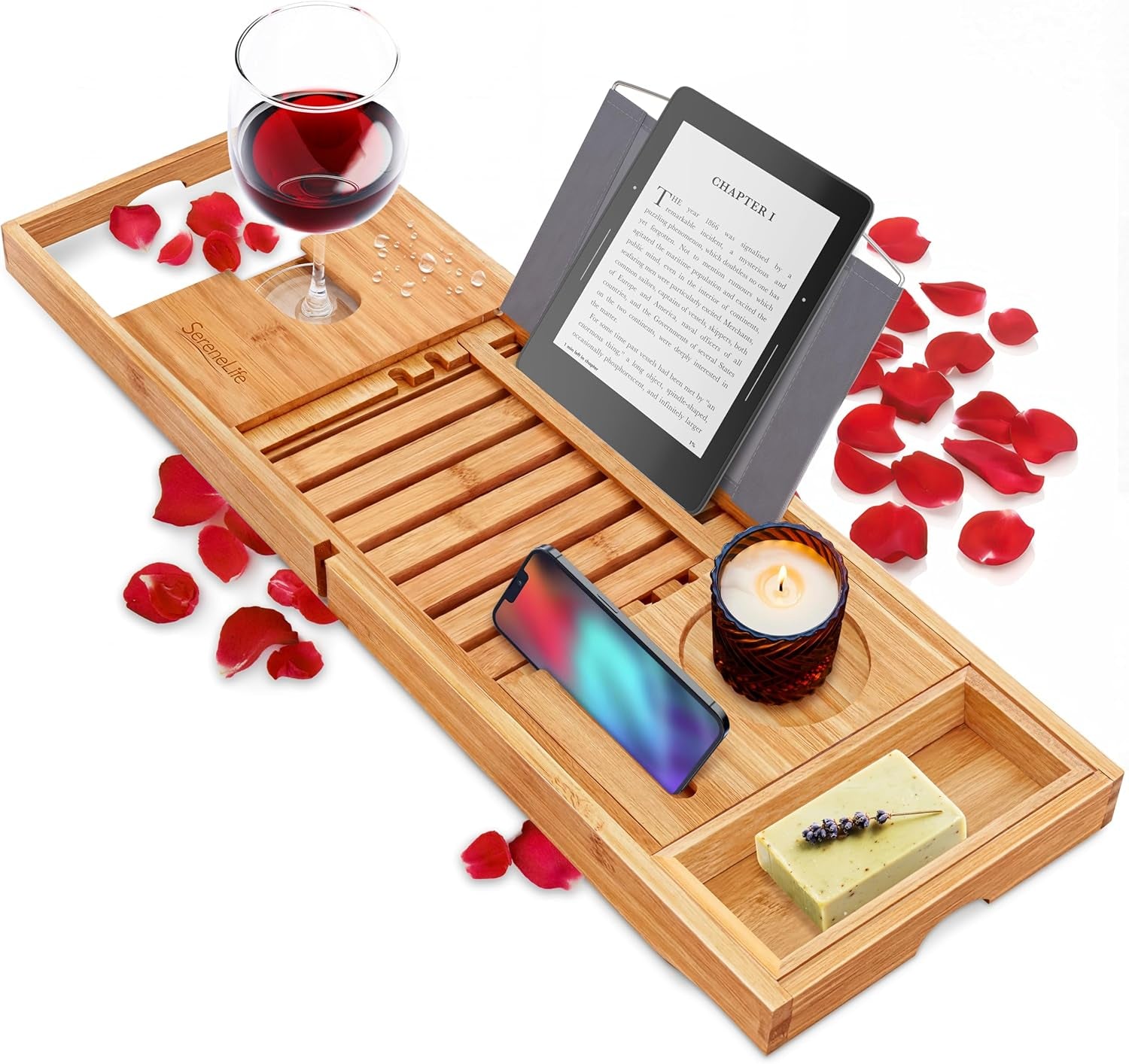 Luxury Bamboo Bathtub Caddy Tray - Adjustable Natural Wood Bath Tub Organizer with Wine Holder, Cup Placement, Soap Dish, Book Space & Phone Slot for Spa, Bathroom & Shower - SLBCAD20