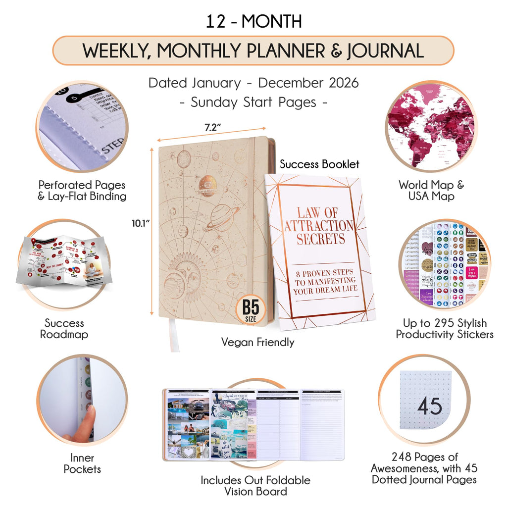 Deluxe 2026 Planner Weekly and Monthly | Law of Attraction Planner with Productivity App | 12-Month for Productivity, Gratitude & Goal Setting | Includes Foldable Vision Board, Gift Box & Stickers