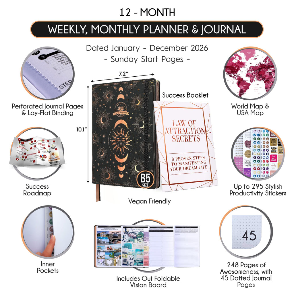 Deluxe 2026 Planner Weekly and Monthly | Law of Attraction Planner with Productivity App | 12-Month for Productivity, Gratitude & Goal Setting | Includes Foldable Vision Board, Gift Box & Stickers