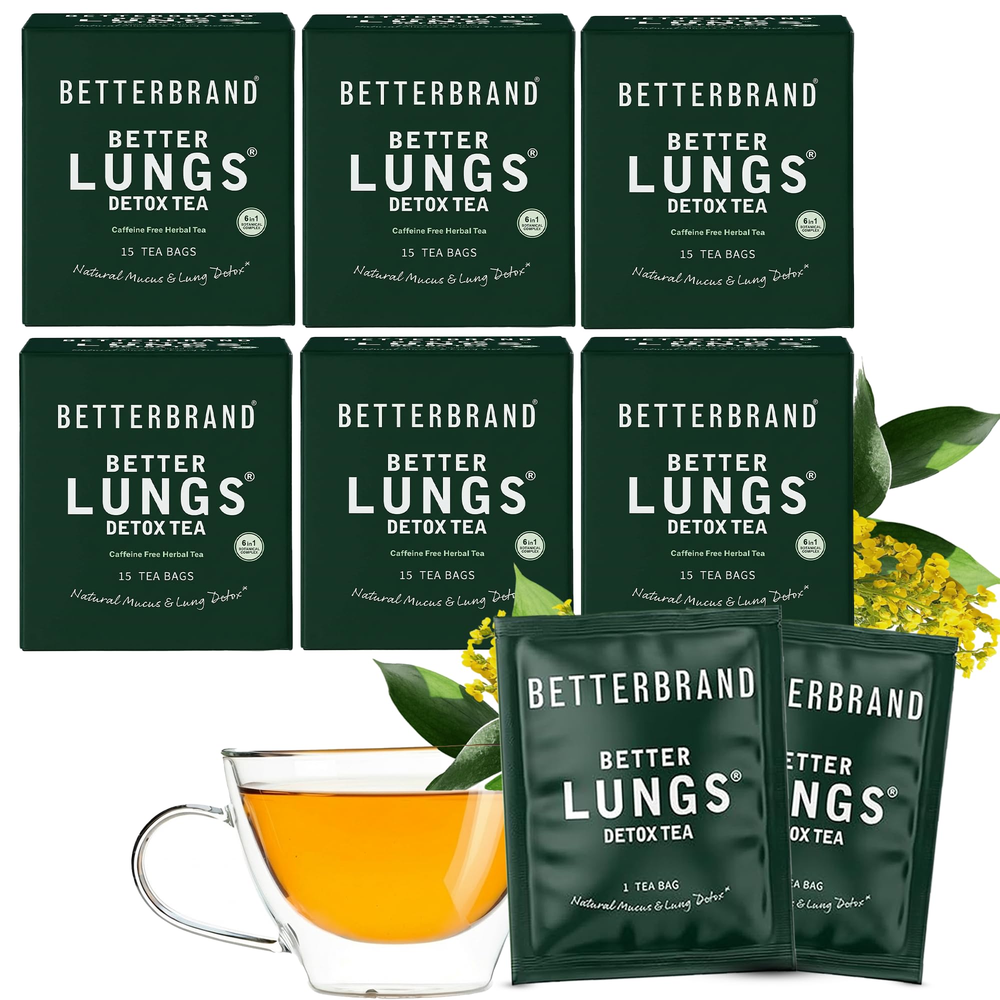 Betterbrand Mullein Tea Bags for Lung Detox - Respiratory Support with Thyme, Elderberry, Ginseng, Ginger, Caffeine Free Herbal Blend - 15 Tea Bags (Pack of 1)