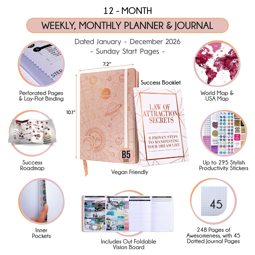 Deluxe 2026 Planner Weekly and Monthly | Law of Attraction Planner with Productivity App | 12-Month for Productivity, Gratitude & Goal Setting | Includes Foldable Vision Board, Gift Box & Stickers
