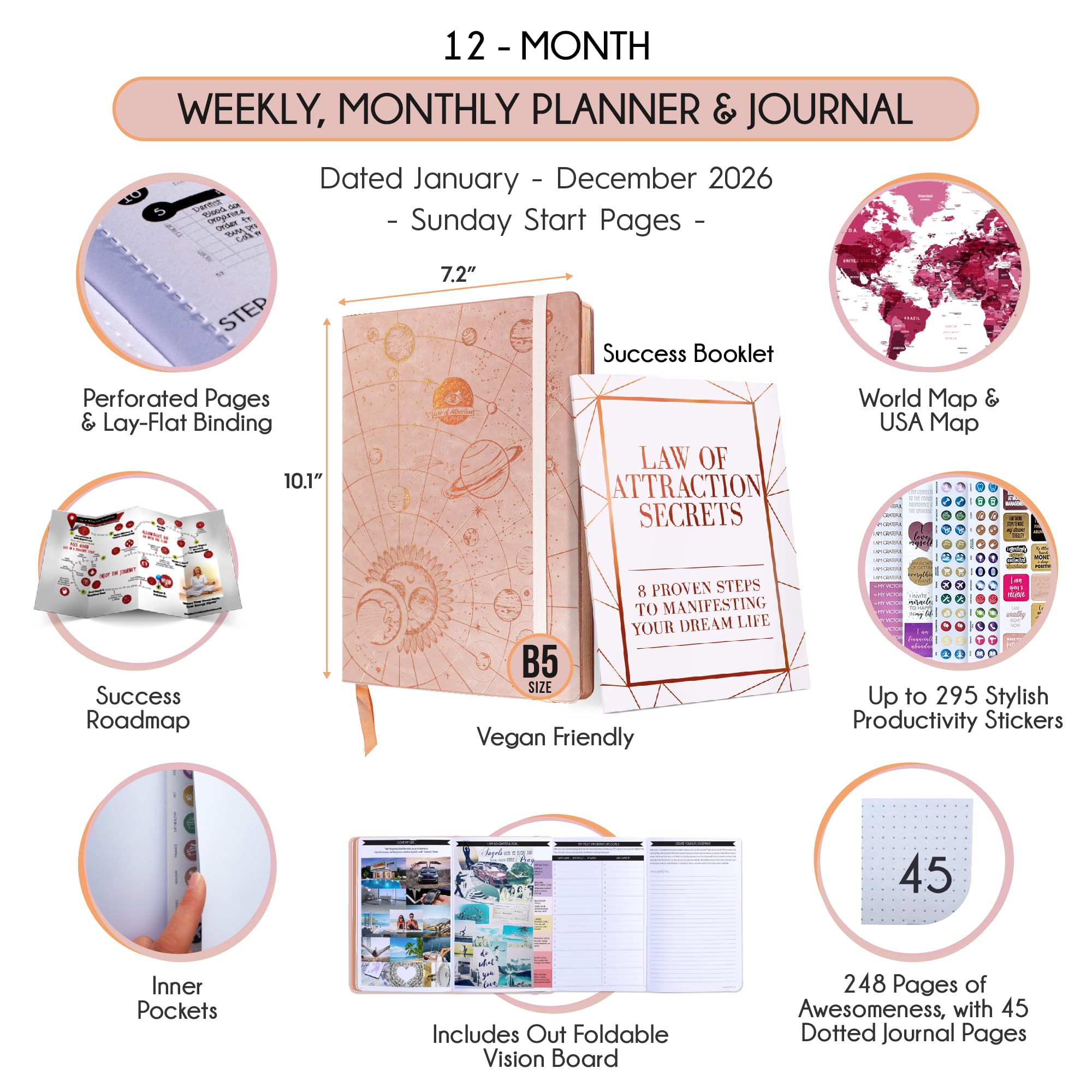 Deluxe 2026 Planner Weekly and Monthly | Law of Attraction Planner with Productivity App | 12-Month for Productivity, Gratitude & Goal Setting | Includes Foldable Vision Board, Gift Box & Stickers