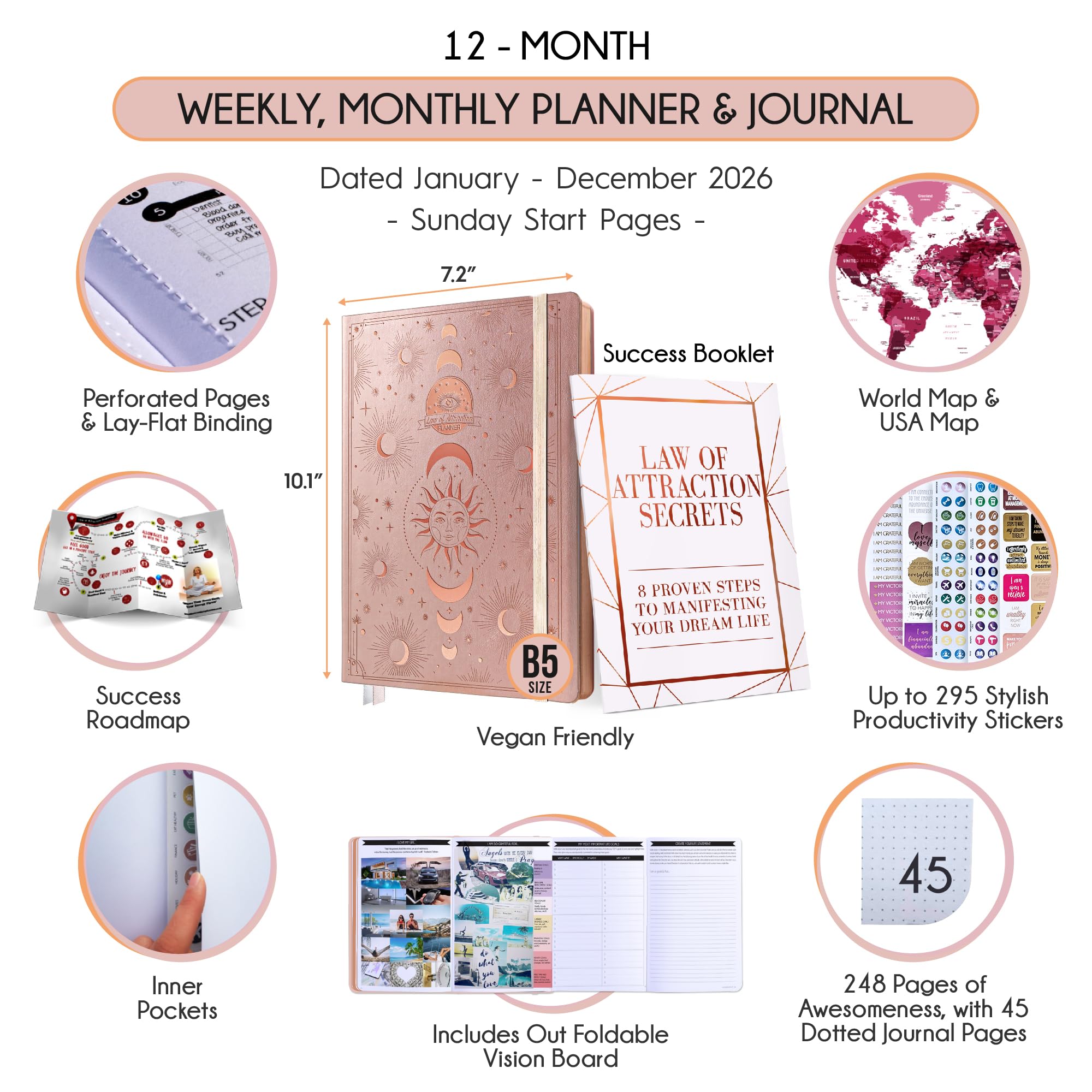 Deluxe 2026 Planner Weekly and Monthly | Law of Attraction Planner with Productivity App | 12-Month for Productivity, Gratitude & Goal Setting | Includes Foldable Vision Board, Gift Box & Stickers