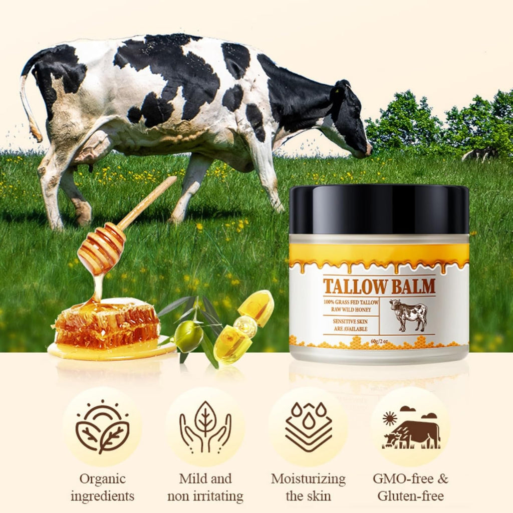 Tallow and Honey Balm, Beef Tallow for Skin, Natural Grass Fed Beef Tallow & Raw Wild Honey Balm, All-Natural Moisturizer for Face & Body, Tallow Balm for Skin Hydration, 2Oz (Honey, 1 Bottle)
