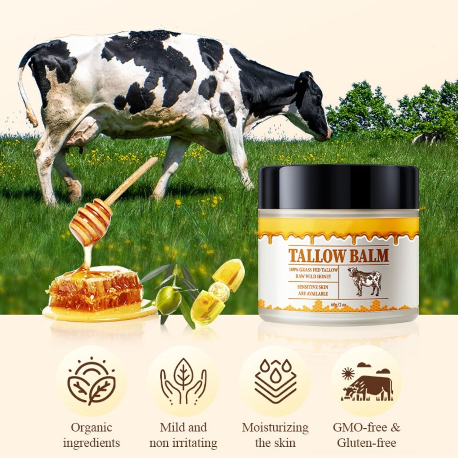 Tallow and Honey Balm, Beef Tallow for Skin, Natural Grass Fed Beef Tallow & Raw Wild Honey Balm, All-Natural Moisturizer for Face & Body, Tallow Balm for Skin Hydration, 2Oz (Honey, 1 Bottle)