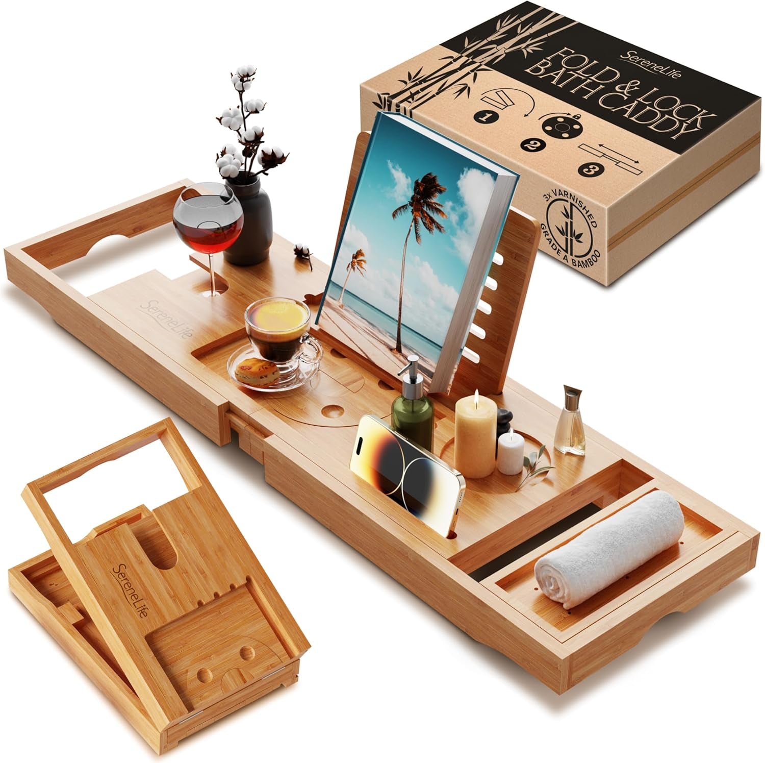 Luxury Bamboo Bathtub Caddy Tray - Adjustable Natural Wood Bath Tub Organizer with Wine Holder, Cup Placement, Soap Dish, Book Space & Phone Slot for Spa, Bathroom & Shower - SLBCAD20