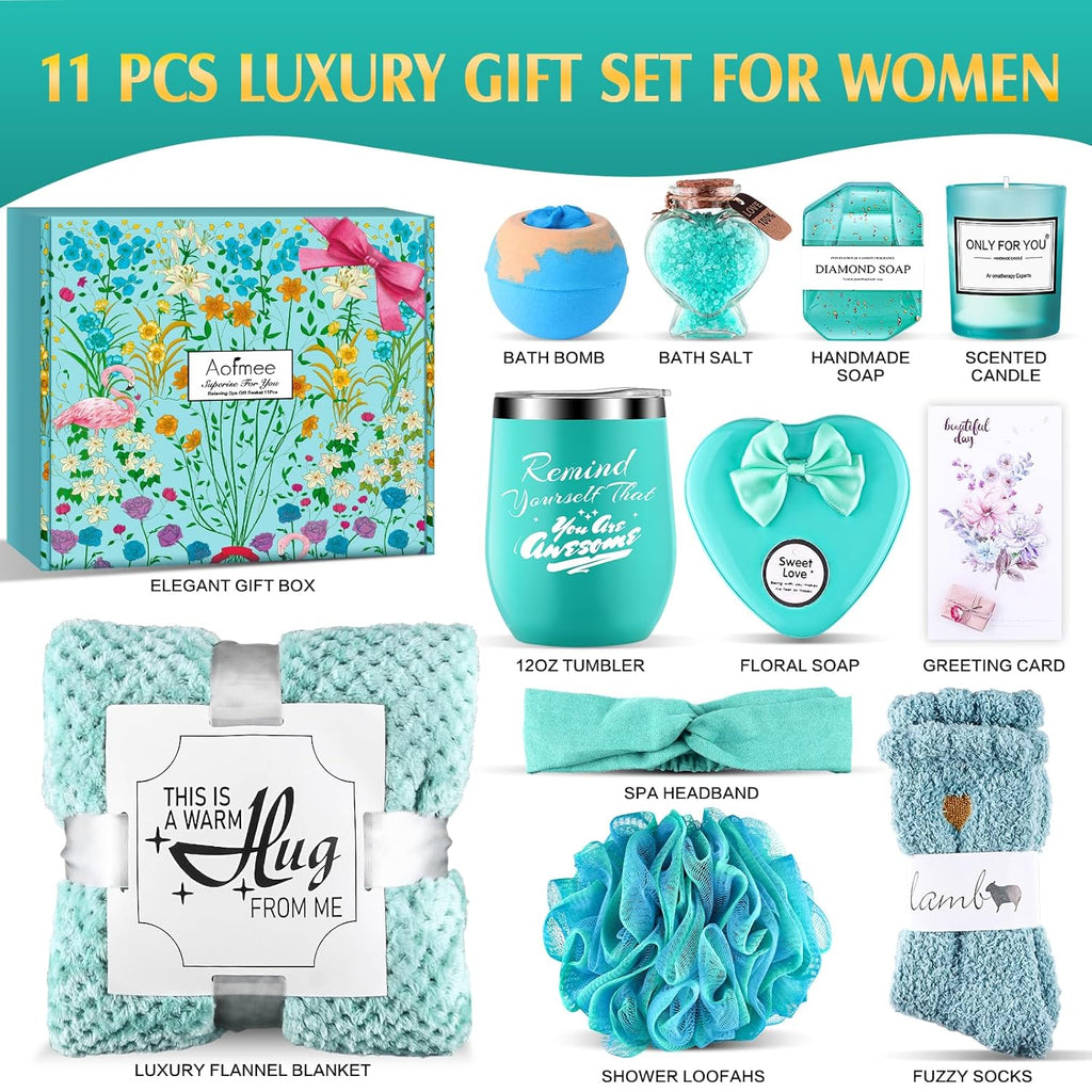 Birthday Gifts for Women, Thinking of You Gift Care Package with Luxury Flannel Blanket for Women Mom Her Wife Friends Sister, Blue Self Care Spa Relaxing Baskets for Christmas Valentines Mothers Day