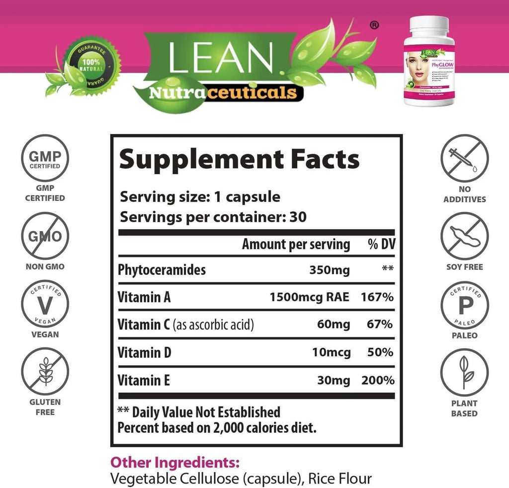 Phytoceramides 350Mg Ceramide Skin Care Hydration Moisture Restoring Beauty Supplement with Multivitamins A, C, D, E, Phyglow Super Vegan anti Aging Wrinkle Support Pills for Women and Men 30 Capsules