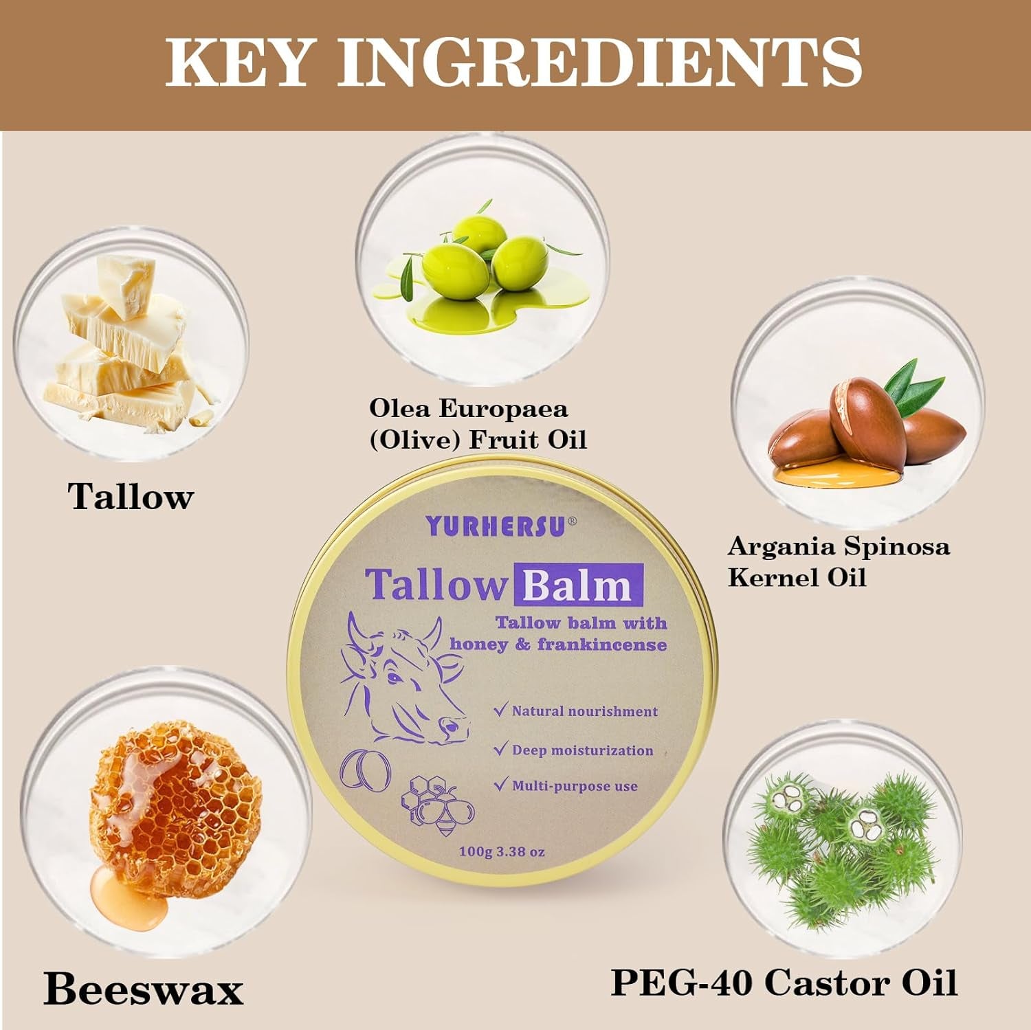 Tallow Balm, Tallow Honey Body Cream, Face Moisturizing Cream, All Purpose Use Balm Anti-Drying Anti-Cracking for Spring, Summer, Autumn and Winter Skin Care (Tallow Balm, 100 G)