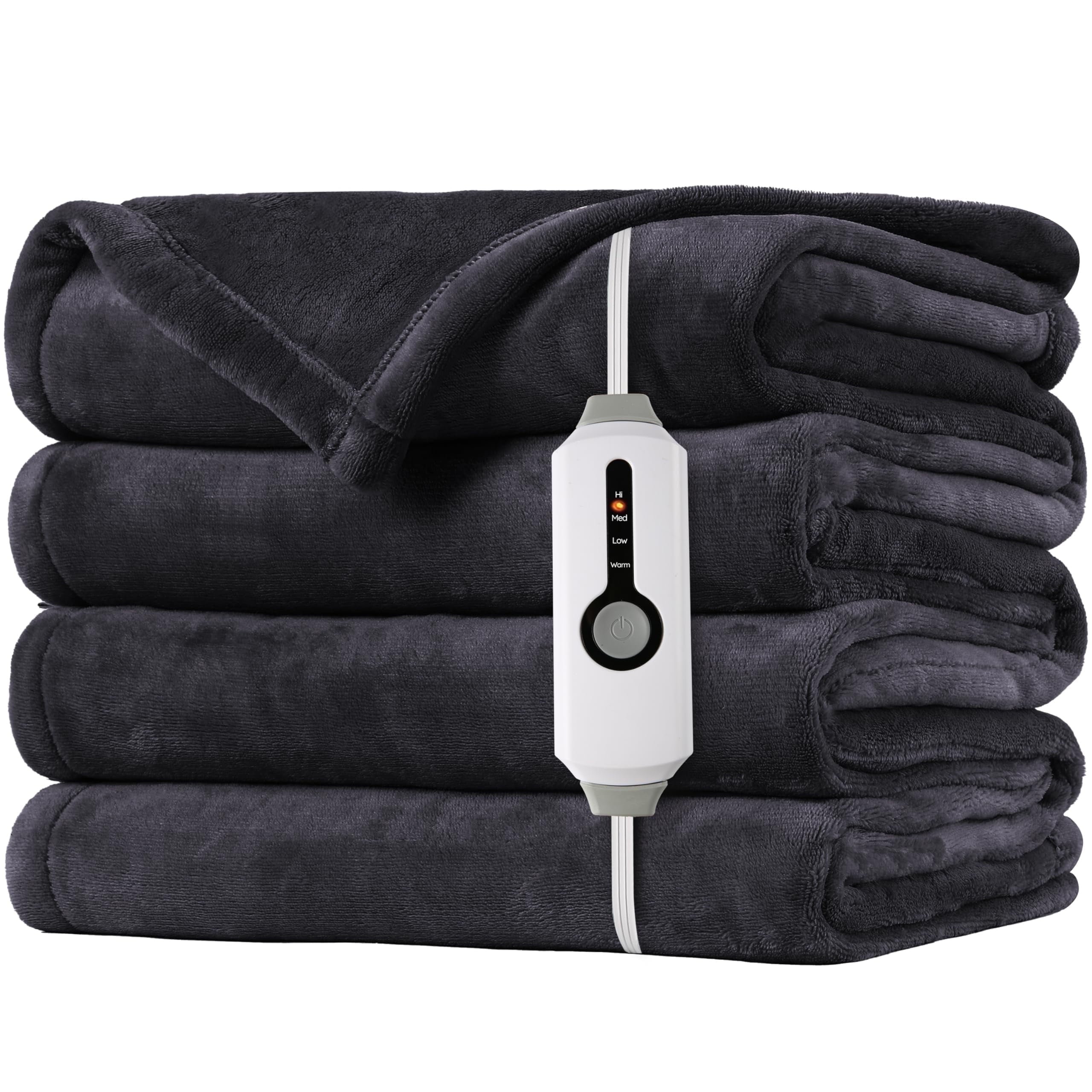 Electric Heated Blanket 50" X 60" Throw Size-4 Heating Settings & 3 Hours Auto Off, Microplush Machine Washable-Dark Grey