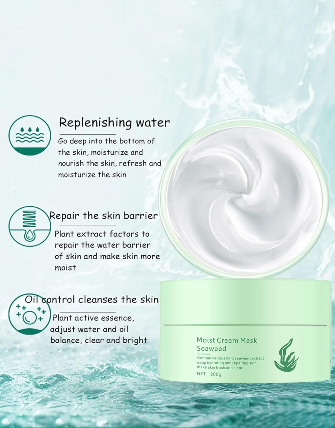 Seaweed Face Moisturizer, Seaweed Face Mud Mask Deep Hydrating Face Cream for Women Oil-Water Balance Facial Moisturizer for Oily and Dry Skin Repairing Barrier and Nourishing Skin,7.05Oz