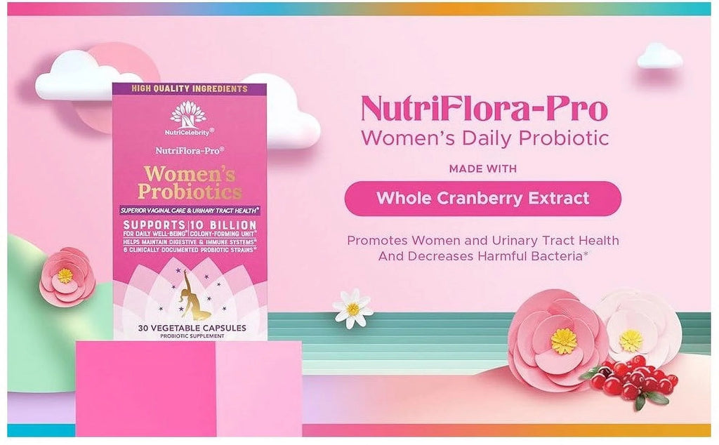 Nutriflora-Pro Probiotics for Women - Support Vaginal, Urinary Health (UTI), Digestive System, Period Pain, Yeast, and BV Relief, Cranberry Pills, 10 Billion CFU 6 Strains (30 Caps)