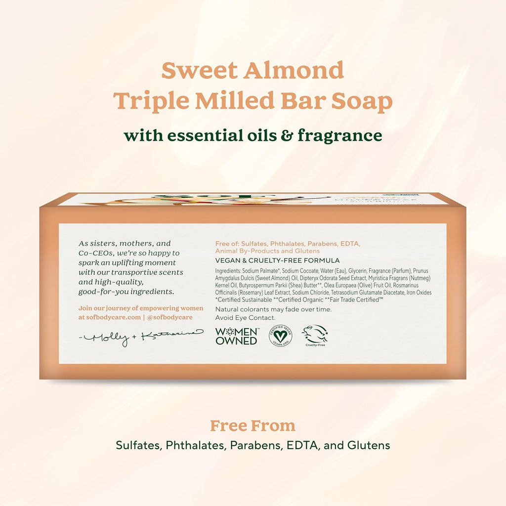 Sof Triple Milled Bar Soap - with Coconut Oil & Organic Shea Butter- Vegan & Non GMO- Free from Phthalates, Sulfates & Parabens- Sweet Almond - 6 Oz Bar 6 Bars