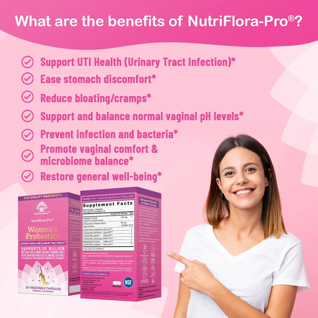 Nutriflora-Pro Probiotics for Women - Support Vaginal, Urinary Health (UTI), Digestive System, Period Pain, Yeast, and BV Relief, Cranberry Pills, 10 Billion CFU 6 Strains (30 Caps)