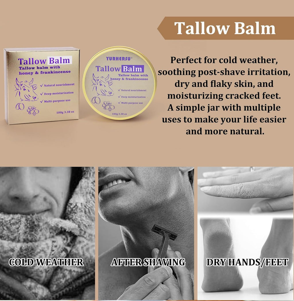 Tallow Balm, Tallow Honey Body Cream, Face Moisturizing Cream, All Purpose Use Balm Anti-Drying Anti-Cracking for Spring, Summer, Autumn and Winter Skin Care (Tallow Balm, 100 G)