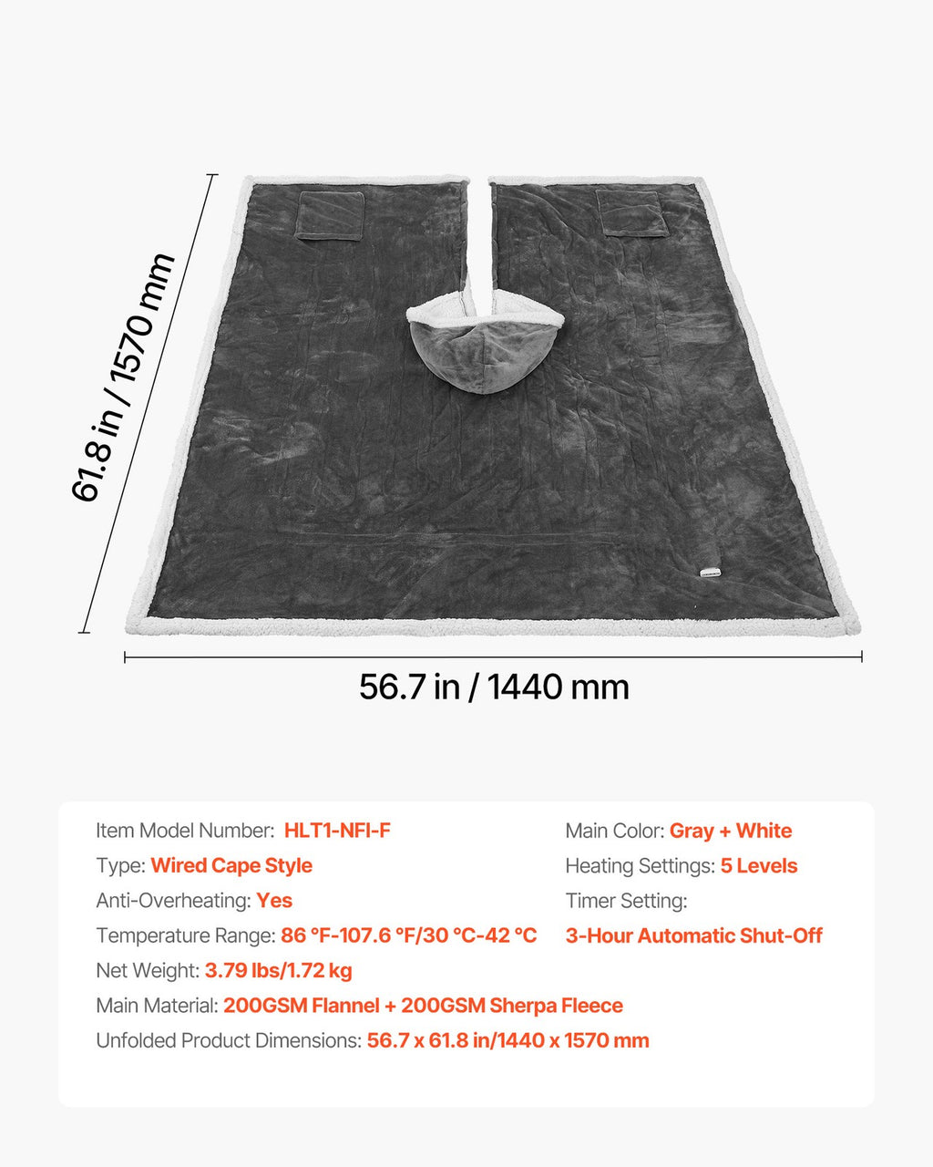 VEVOR Heated Wearable Blanket Electric Shawl Hoodie 5 Heat Levels Auto Shut Off