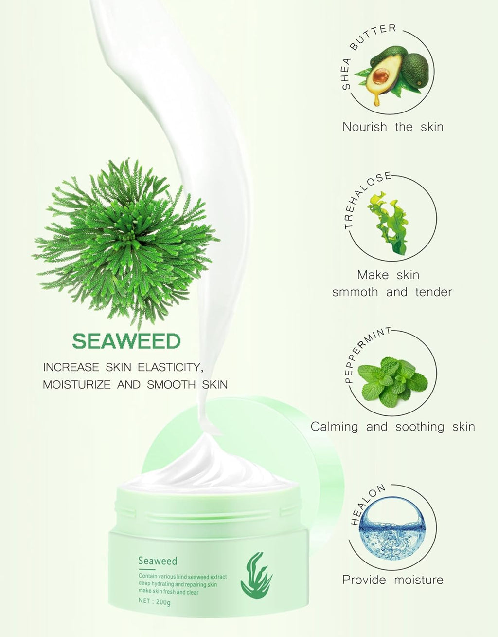 Seaweed Face Moisturizer, Seaweed Face Mud Mask Deep Hydrating Face Cream for Women Oil-Water Balance Facial Moisturizer for Oily and Dry Skin Repairing Barrier and Nourishing Skin,7.05Oz