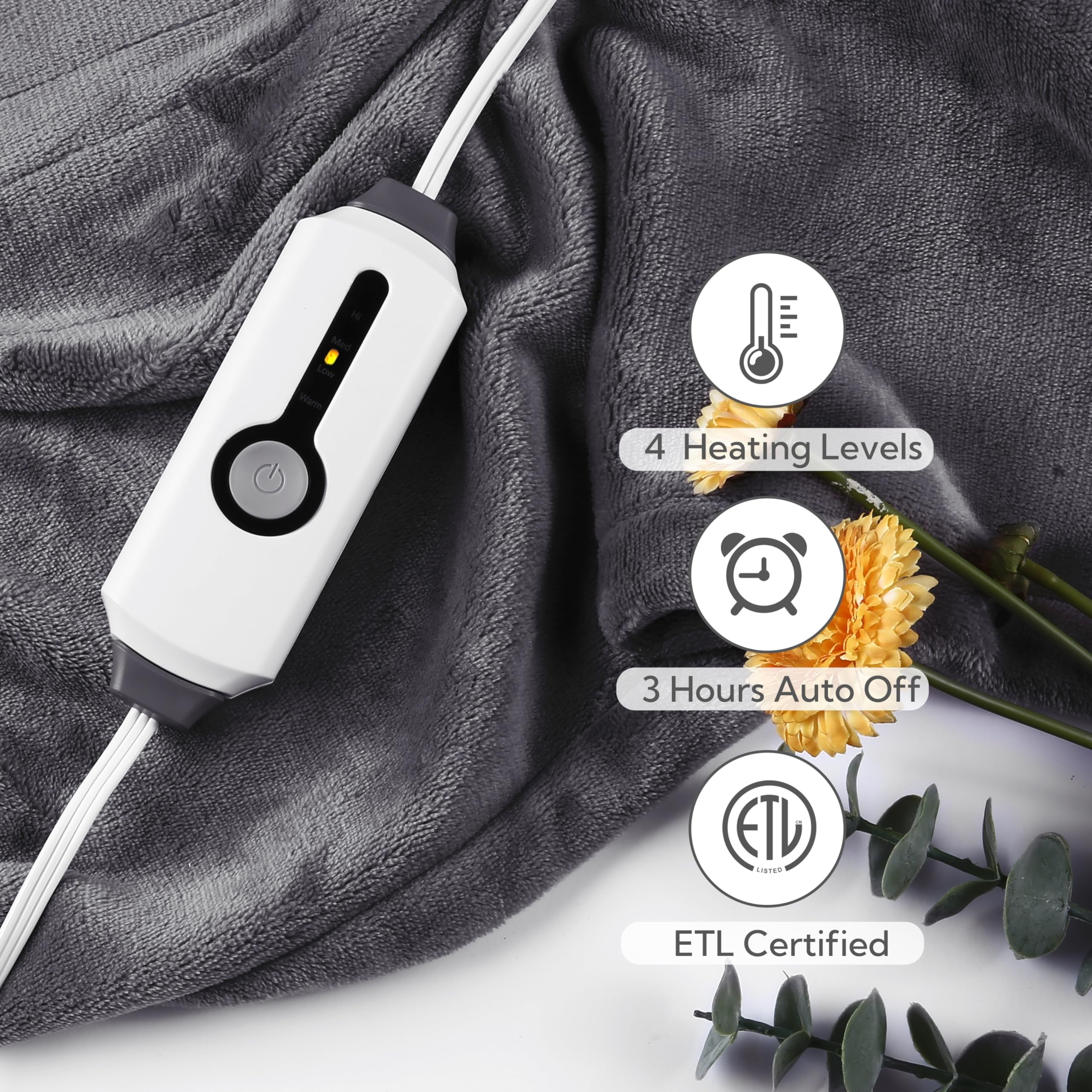 Electric Heated Blanket 50" X 60" Throw Size-4 Heating Settings & 3 Hours Auto Off, Microplush Machine Washable-Dark Grey