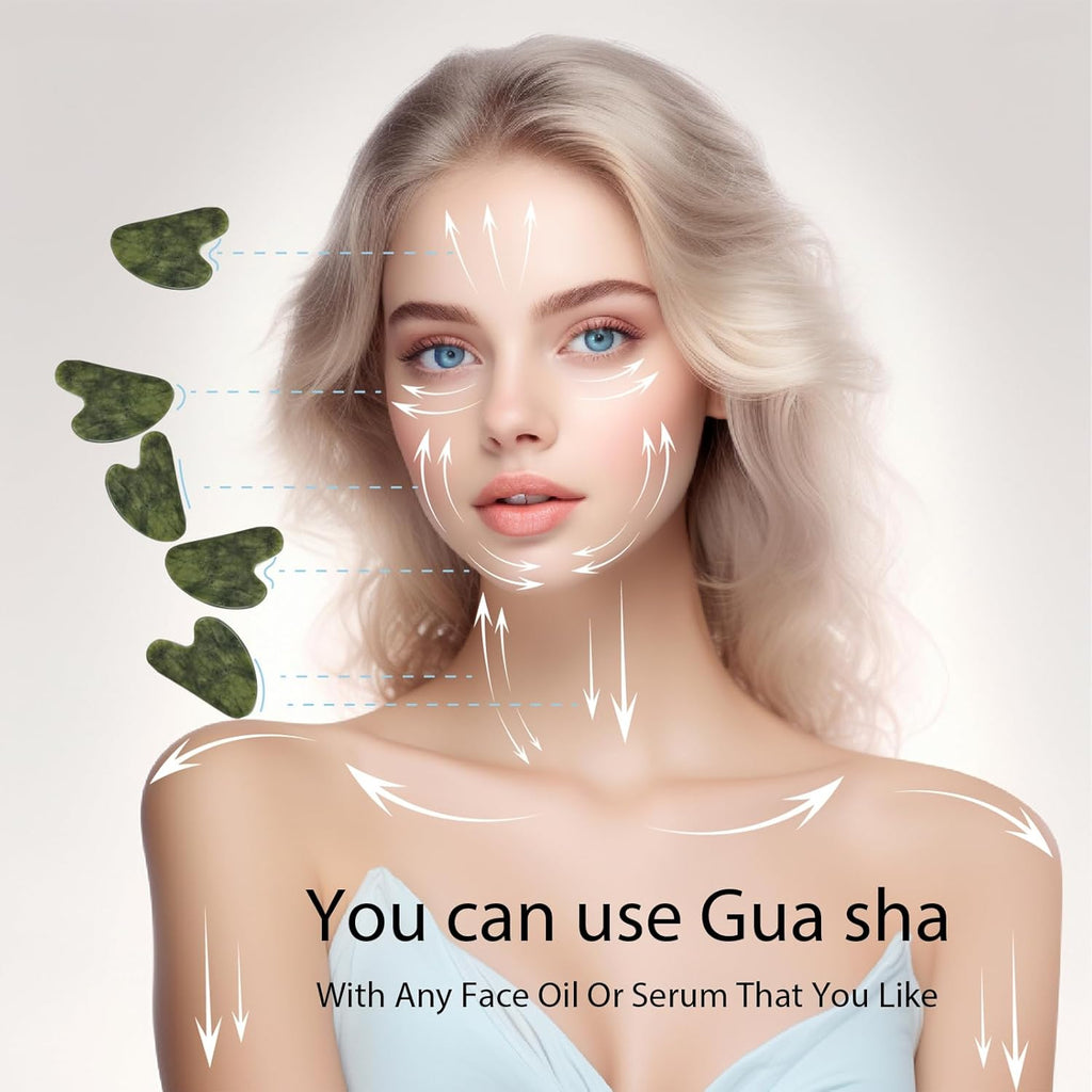 Gua Sha Facial Tools for Skin Care Massage Tools for Self Care Jade Body Guasha Stone Spa Kit Face Sculpting Tool for Beauty Puffiness Reduction Muscle Tension Relief Jawline Sculptor Green