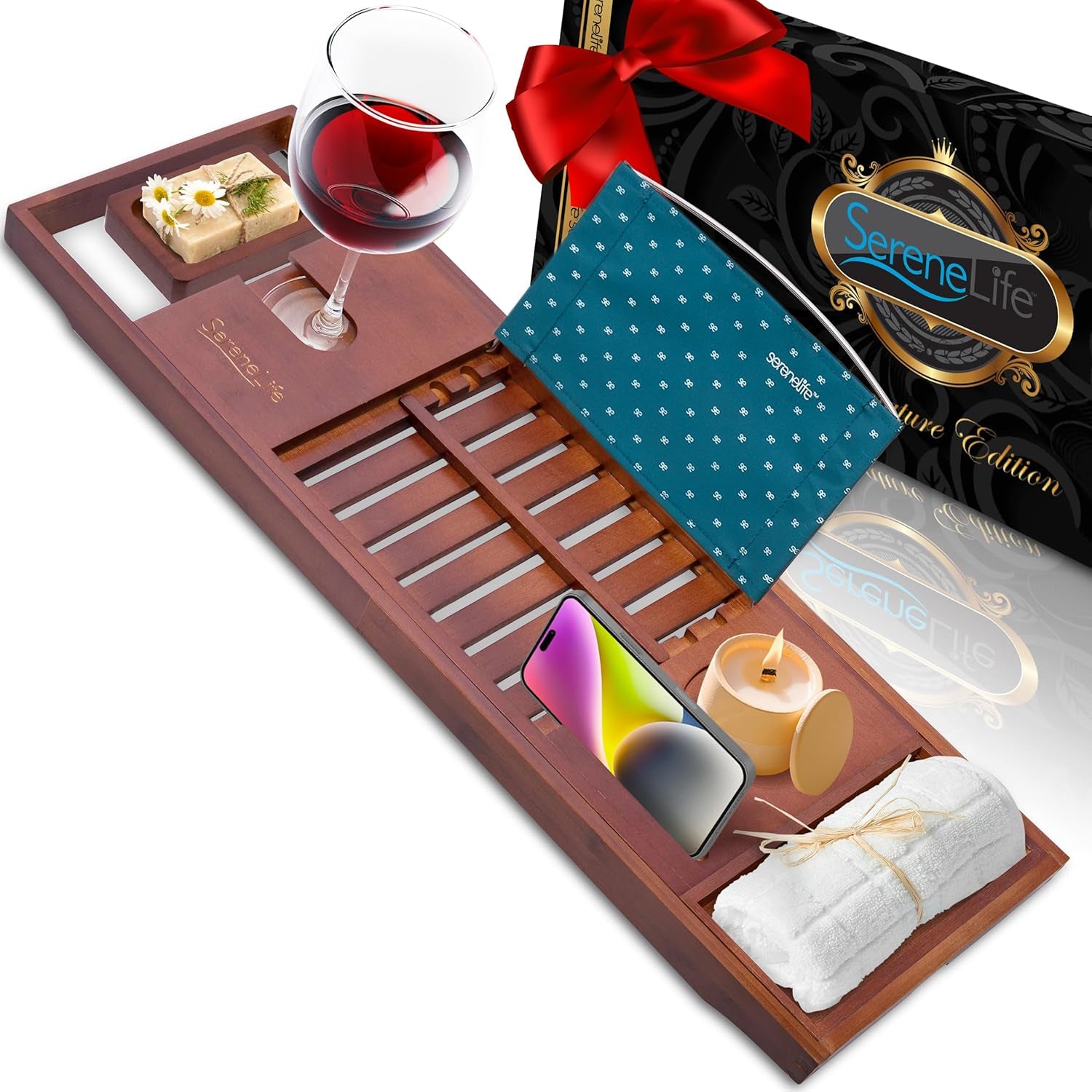 Luxury Bamboo Bathtub Caddy Tray - Adjustable Natural Wood Bath Tub Organizer with Wine Holder, Cup Placement, Soap Dish, Book Space & Phone Slot for Spa, Bathroom & Shower - SLBCAD20